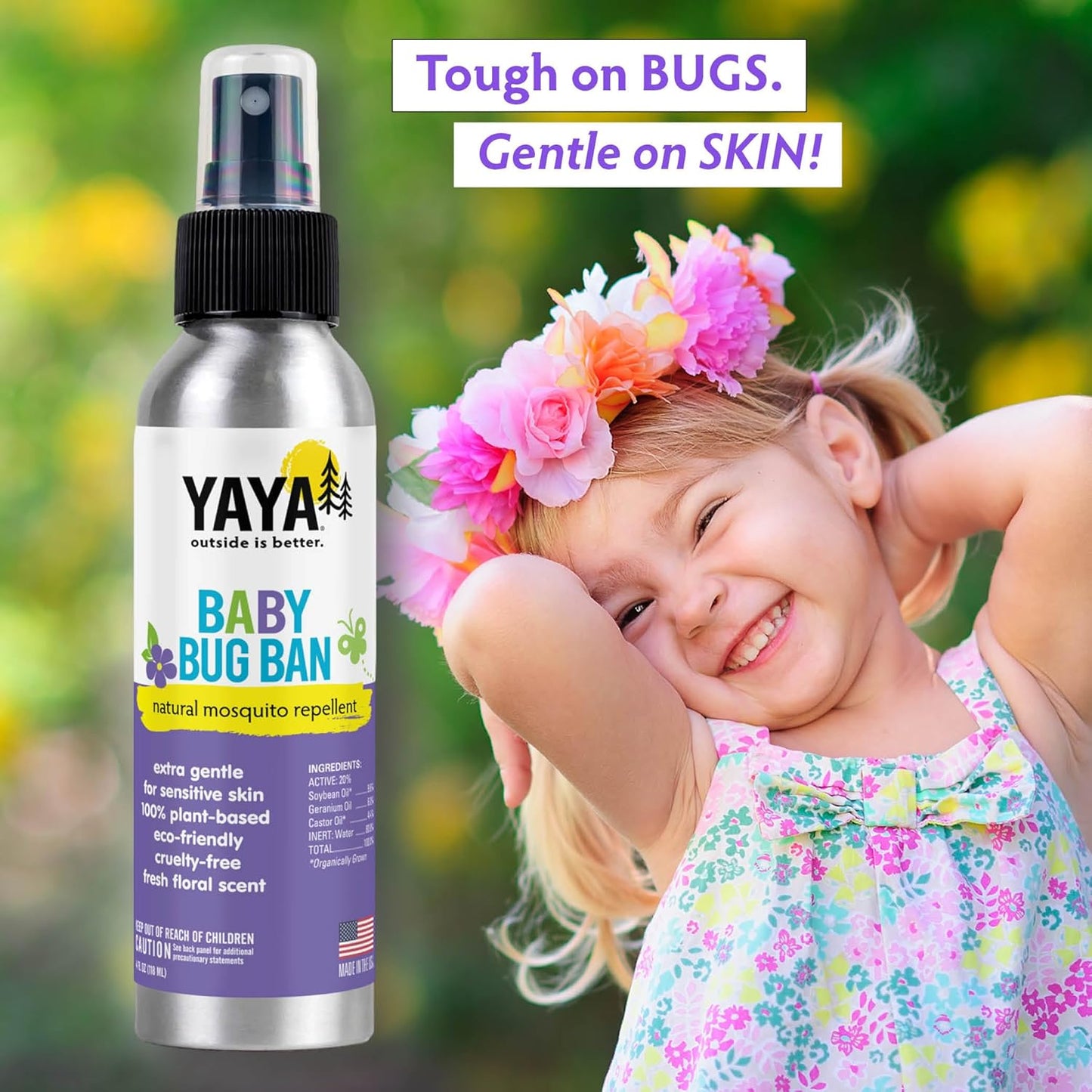 YAYA ORGANICS Baby Bug BAN – All-Natural, Proven Effective Repellent for Babies, Kids and Sensitive Skin (4 Ounce Spray, 2-Pack)