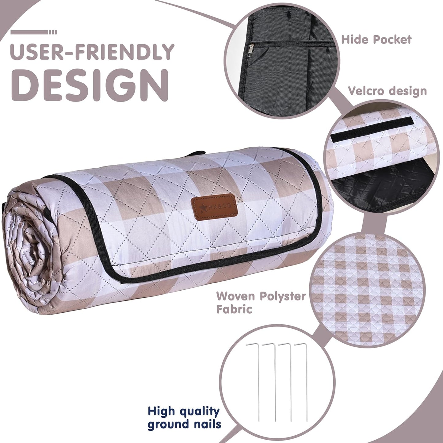 HX&OD Outdoor Picnic Blanket, Extra Large, 80''x60'' Waterproof Foldable Blankets Gingham Picnic Mat for Beach, Camping Grass Lawn Park Accessories Cute Couple Ideas Wedding (Light Brown, 80”x60”)