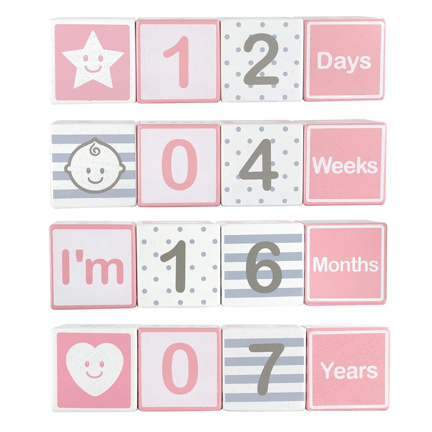 I'm Solid Wood Monthly Weekly Yearly Milestone Age Blocks, Newborn Gifts & Keepsakes for Picture Props (4 Pcs/Pink)