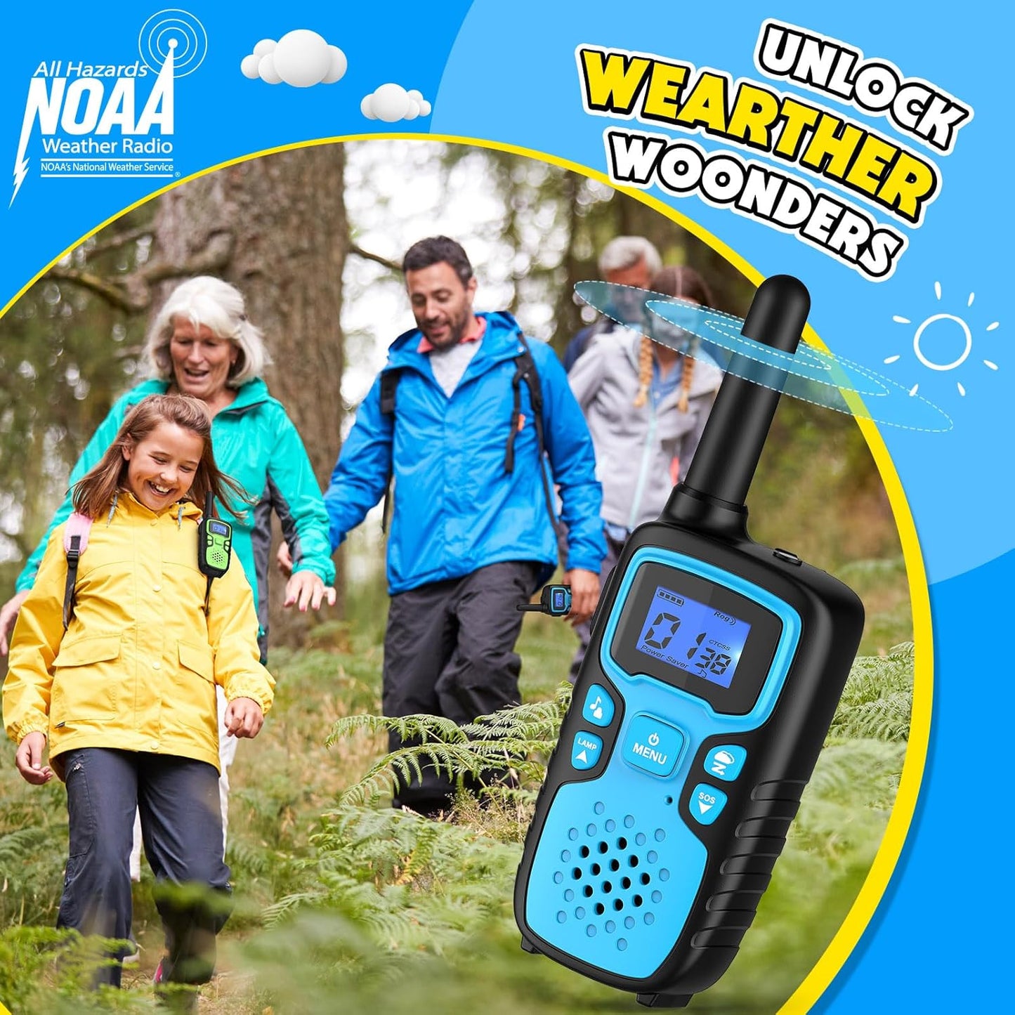 Wishouse Walkie Talkies for Kids Rechargeable Long Range,Xmas Birthday Gift for 4 5 6 7 8 9 Year Old Boys Girls,Hiking Gear Camping Games Cool Toys with NOAA,SOS Siren,Lamp,Lanyards,Easy to Use,4 Pack