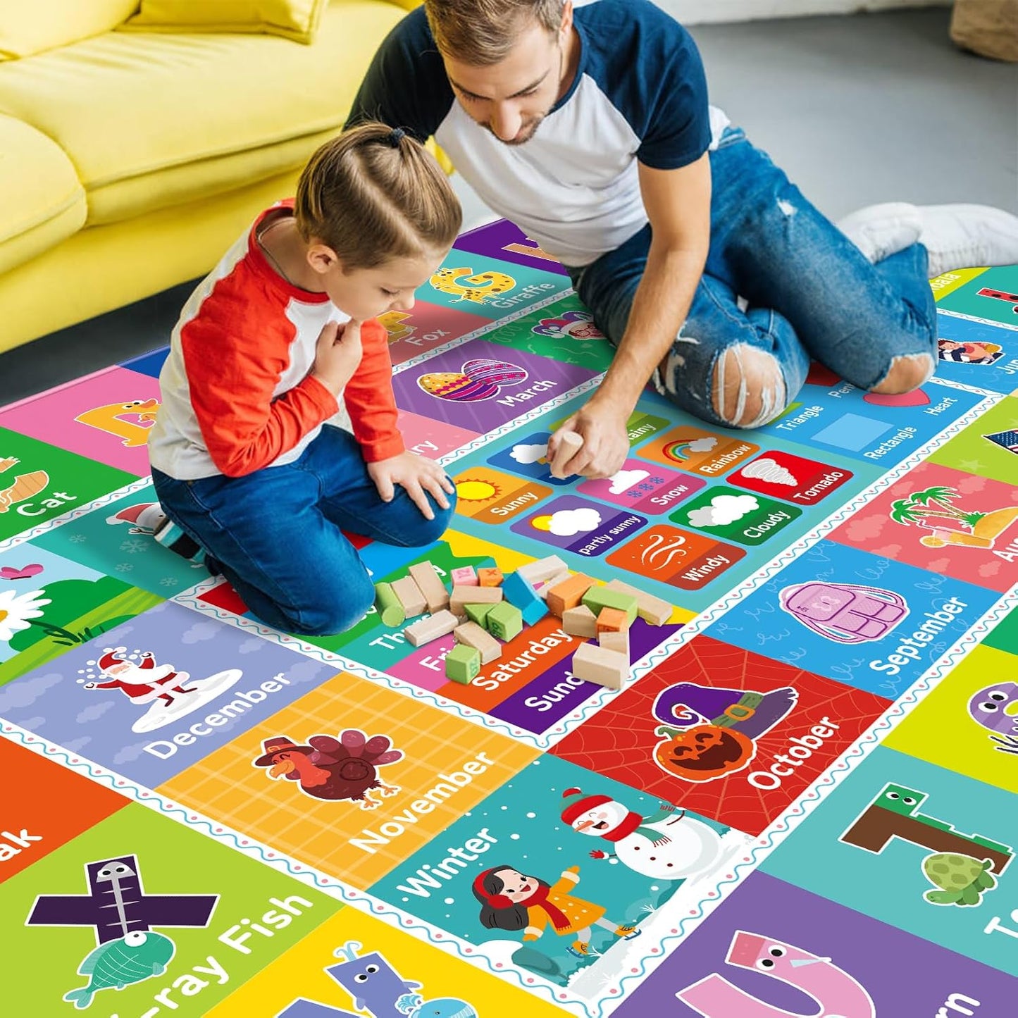Kids Rug for Playroom, Kids Baby Playmat with Alphabet, Month, Weather, Week and Shapes ABC Educational Rug, Play Mat Carpet for Bedroom Classroom (78.7X59 INCH, Weather)