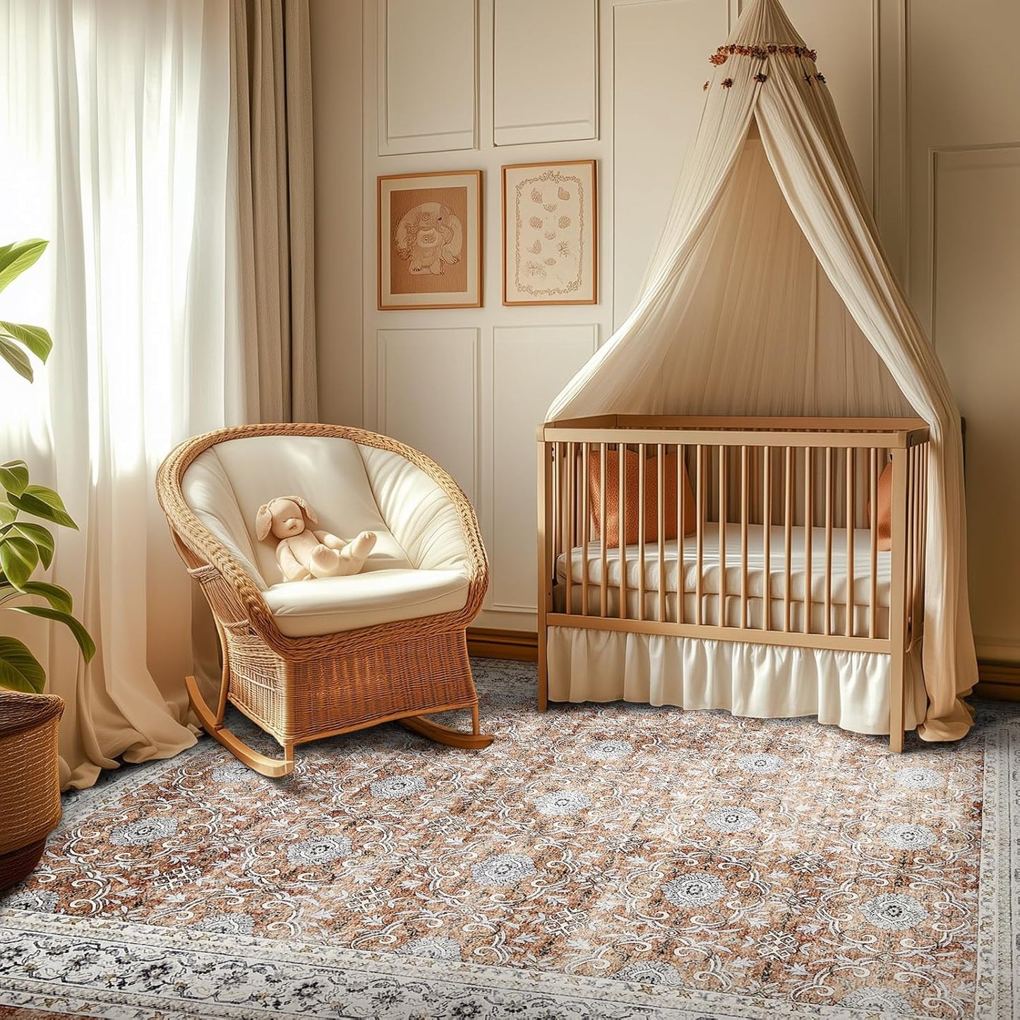 jinchan Floral 5x7 Area Rugs for Bedroom - Machine Washable Vintage Distressed Boho Design Throw Rug Stain Resistant Carpet Low-Pile Thin Non-Slip for Nursery Living Room Dining Room (5‘x7',Orange)