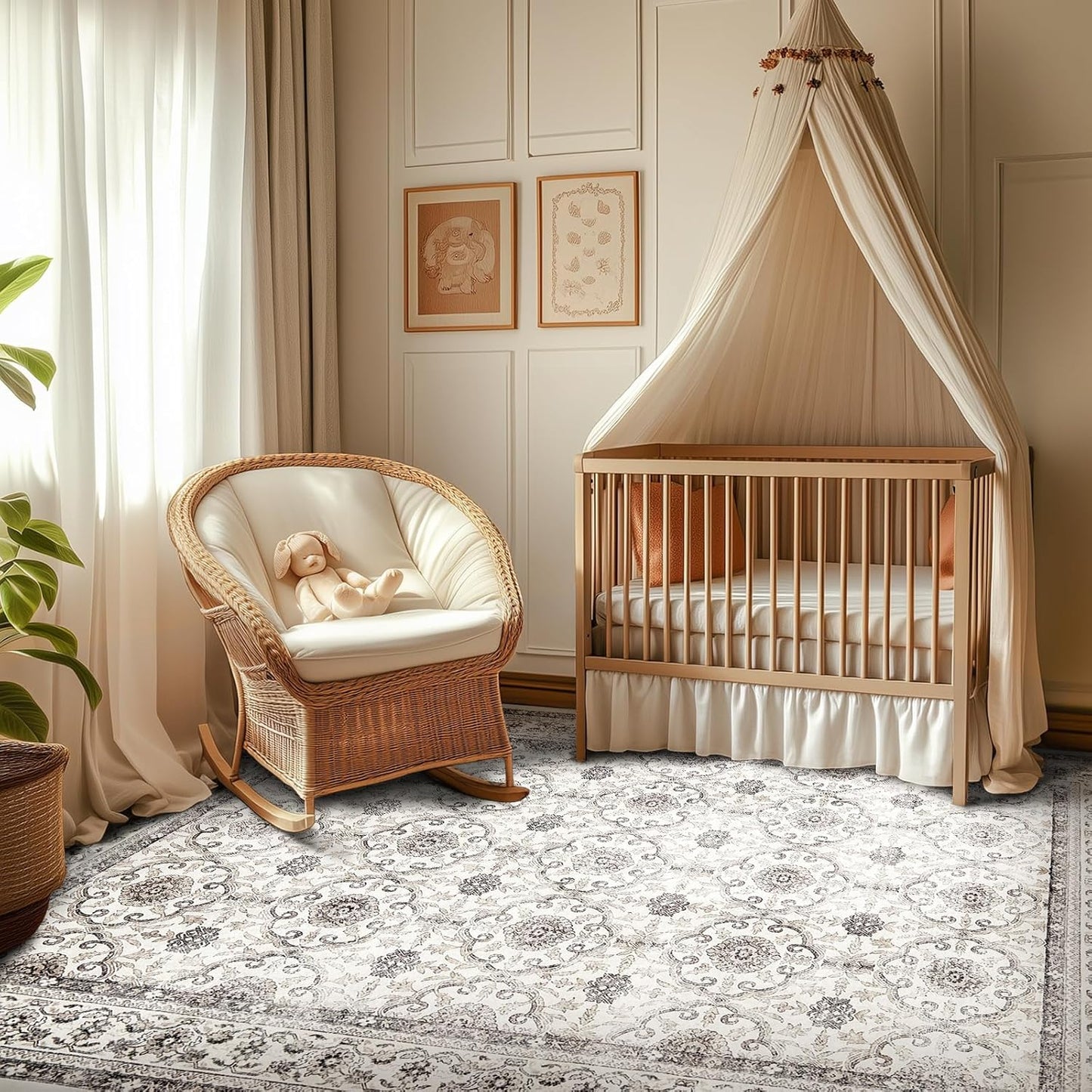 jinchan Floral 5x7 Area Rugs for Bedroom - Machine Washable Vintage Distressed Boho Design Throw Rug Stain Resistant Carpet Low-Pile Thin Non-Slip for Nursery Living Room Dining Room (5‘x7',Beige)