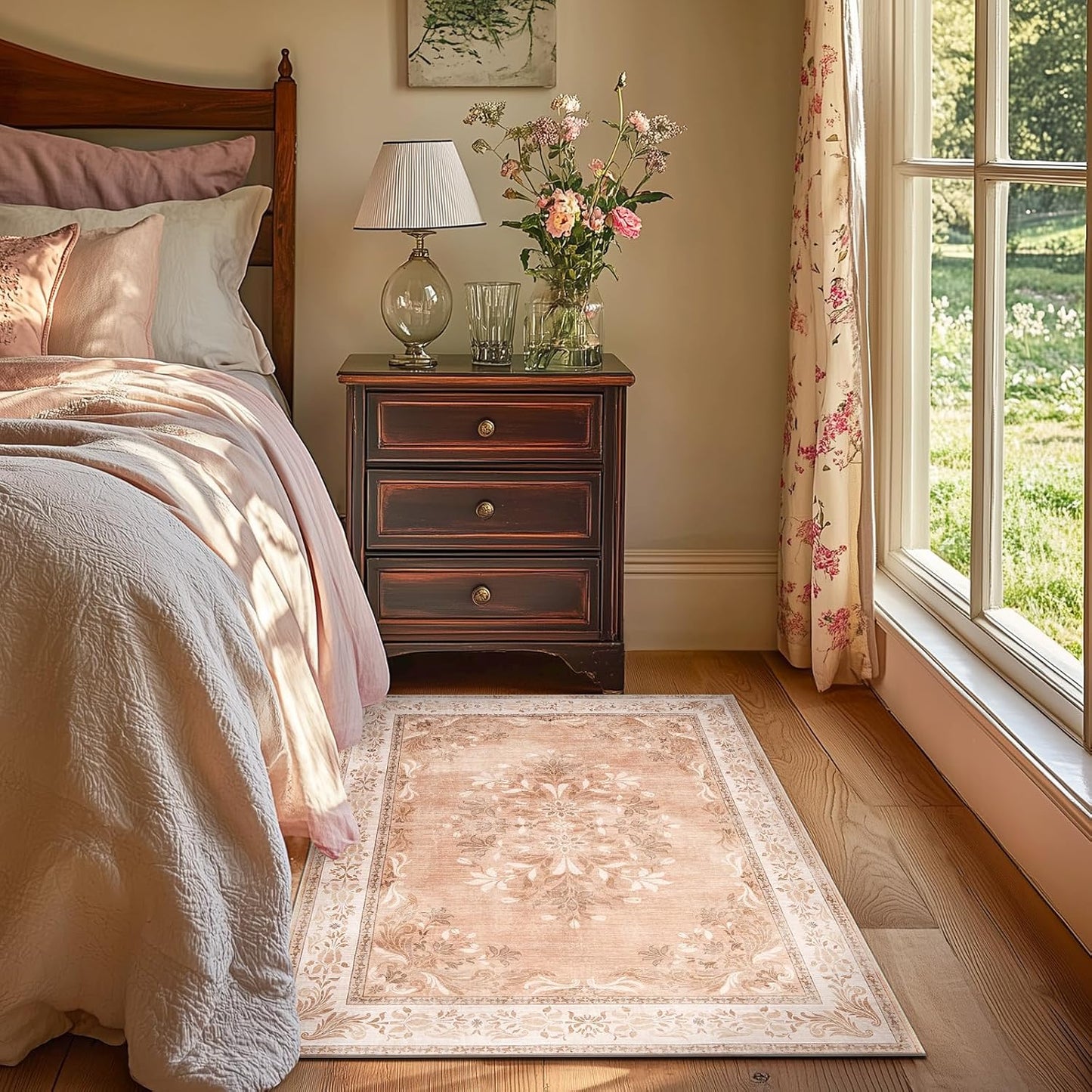 jinchan Vintage Floral 3x5 Area Rugs for Entryway - Machine Washable Distressed Design Ultra-Thin Low-Pile Soft Non-Shedding Carpet for Kitchen Bedroom Entrance Laundry Living Room (3x5ft,Coral Pink)