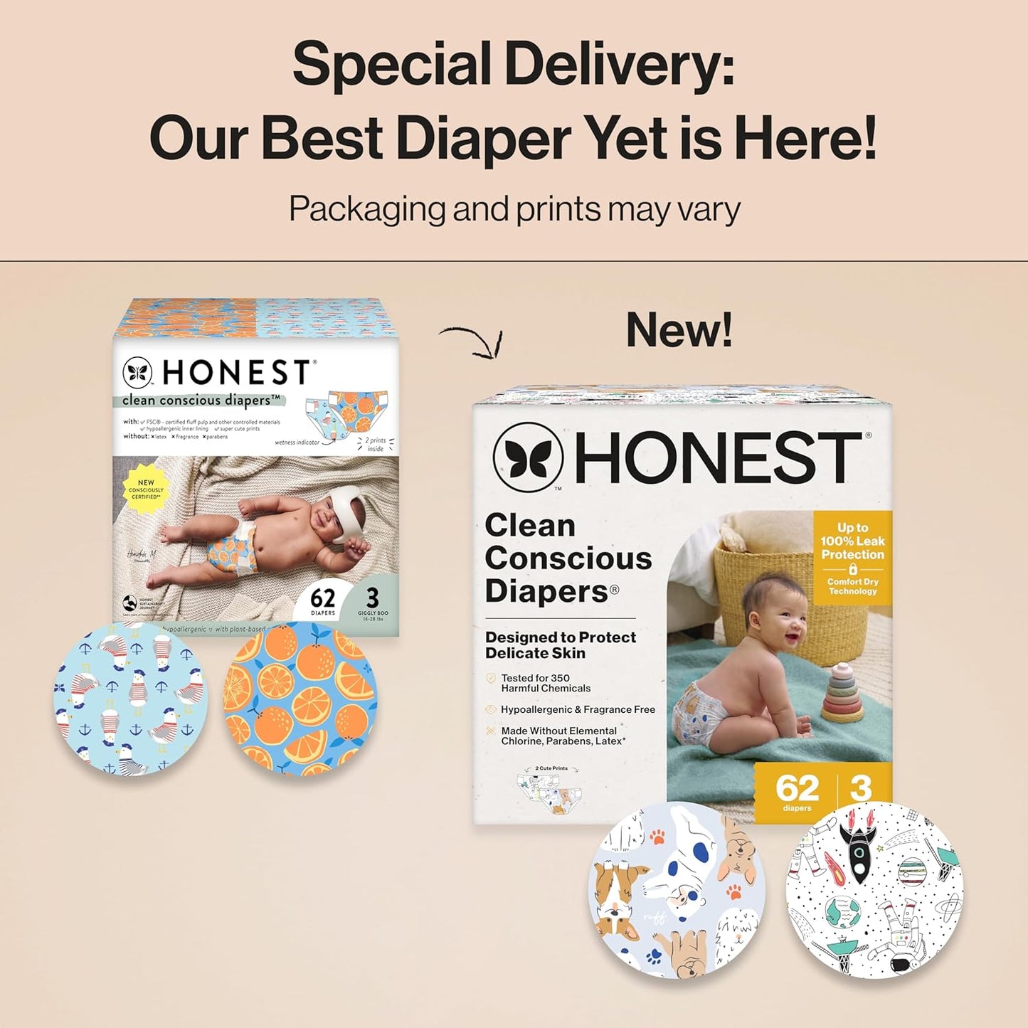 The Honest Company Clean Conscious Diapers for Delicate Skin | Up to 100% Leakproof | Hypoallergenic, Fragrance Free | Gender Neutral | Club Box, Size 3 (16-28 lbs), 62 Count (Prints May Vary)