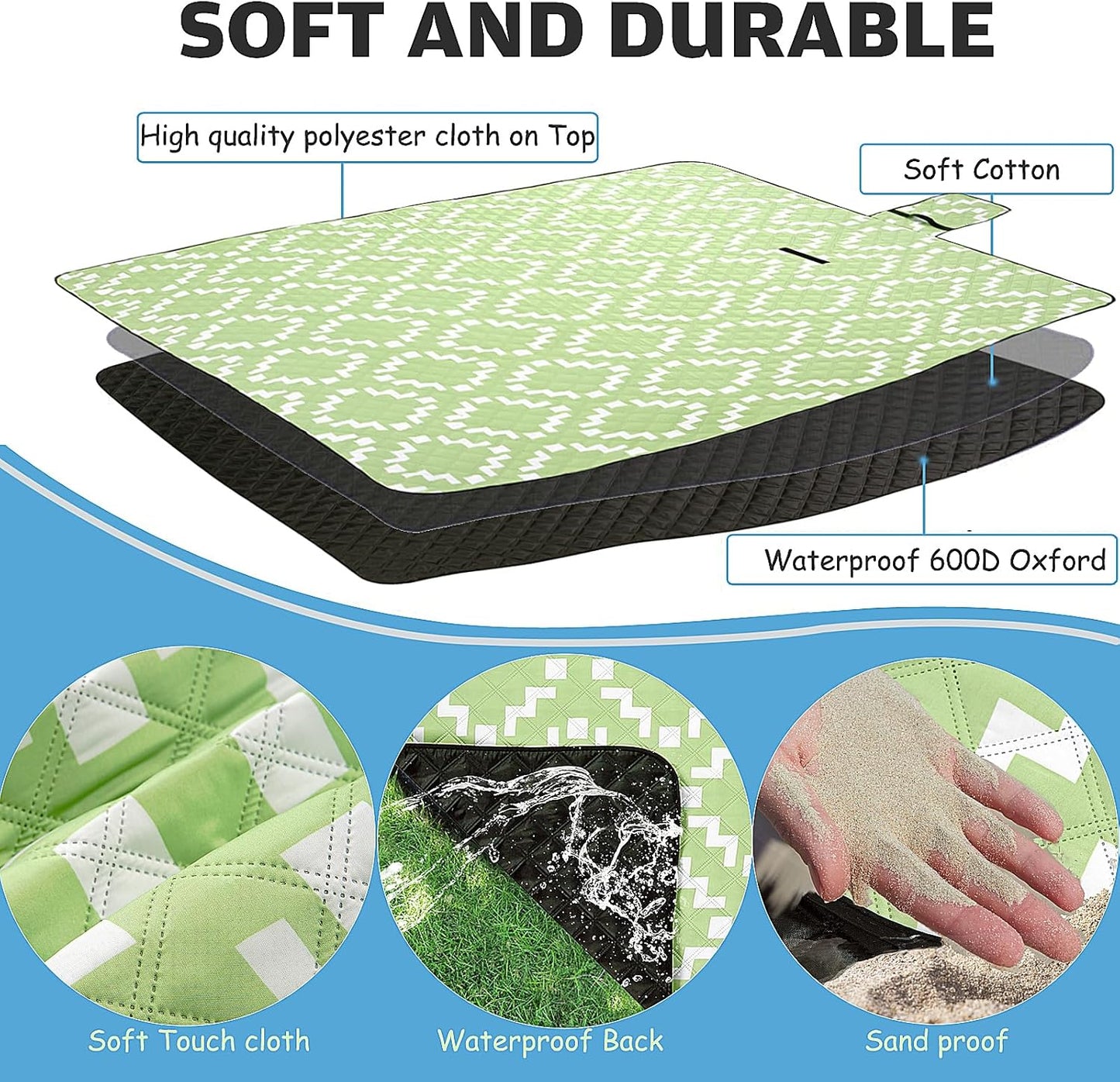 Large Picnic Blanket Beach Blanket Waterproof Sandproof Sandfree Beach mat Lightweight Foldable with Carry Strap Outdoor Blanket fit 2 to 4 Adults for Beach Camping Grass Lawn Park