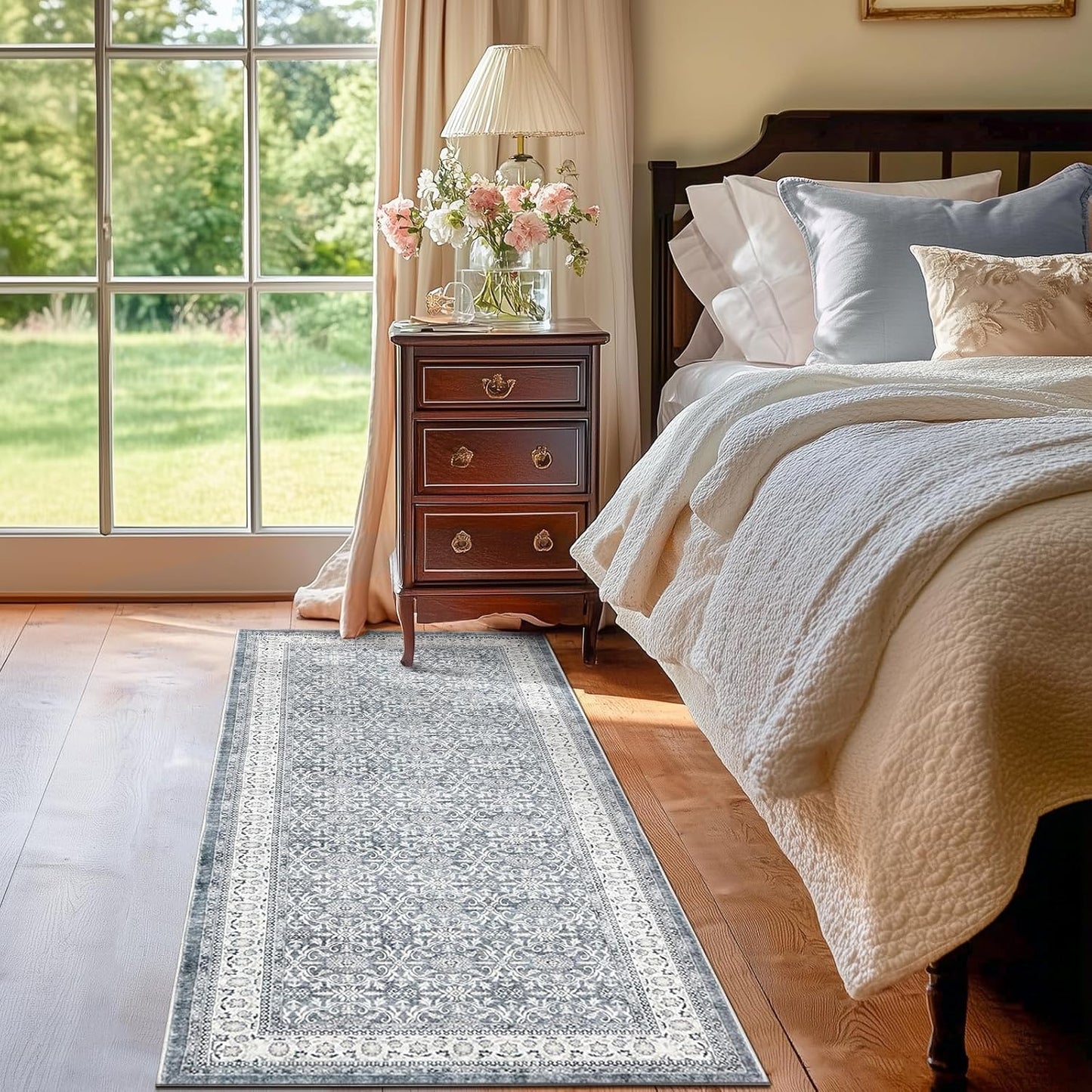 jinchan Runner Rug 2x6 - Machine Washable Grey Vintage Floral Distressed Design Soft Non-Slip Low-Pile Ultra-Thin Runner Rug for Kitchen Hallway Laundry Room Entryway Farmhouse (2‘x6',Grey)