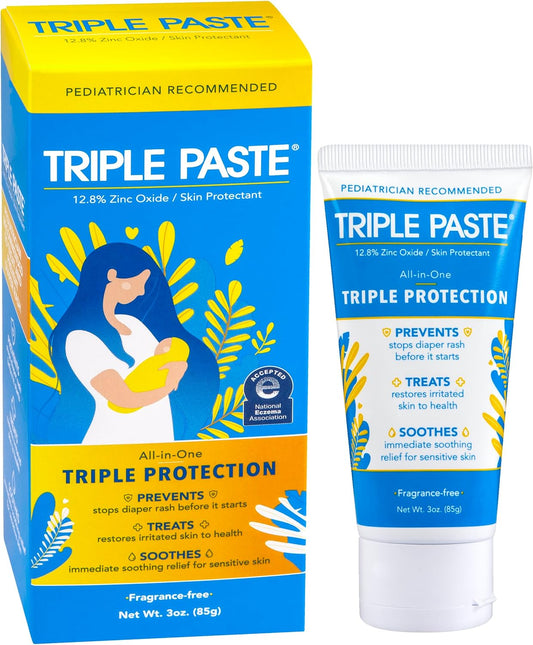 Triple Paste Diaper Rash Cream for Baby - 3 oz Tube - Zinc Oxide Ointment Treats, Soothes and Prevents Diaper Rash - Pediatrician-Recommended Hypoallergenic Formula with Soothing Botanicals