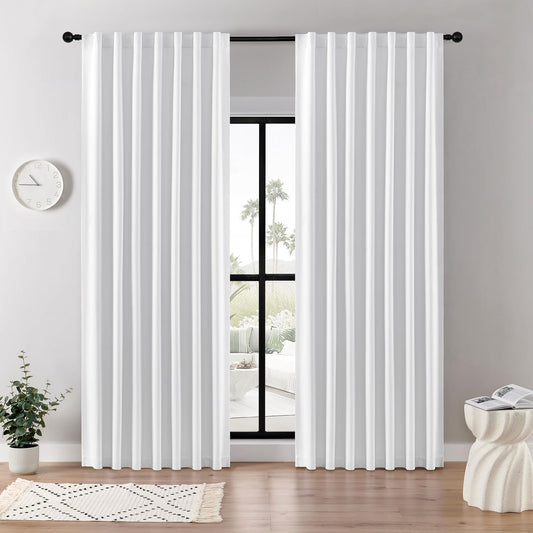 Joydeco Faux Linen Blackout Curtains for Bedroom,White Blackout Curtains 90 inches Long,100% Blackout Solid Thermal Insulated Window Drapes Luxury Decor for Living Room（W52xL90 Inch,White）