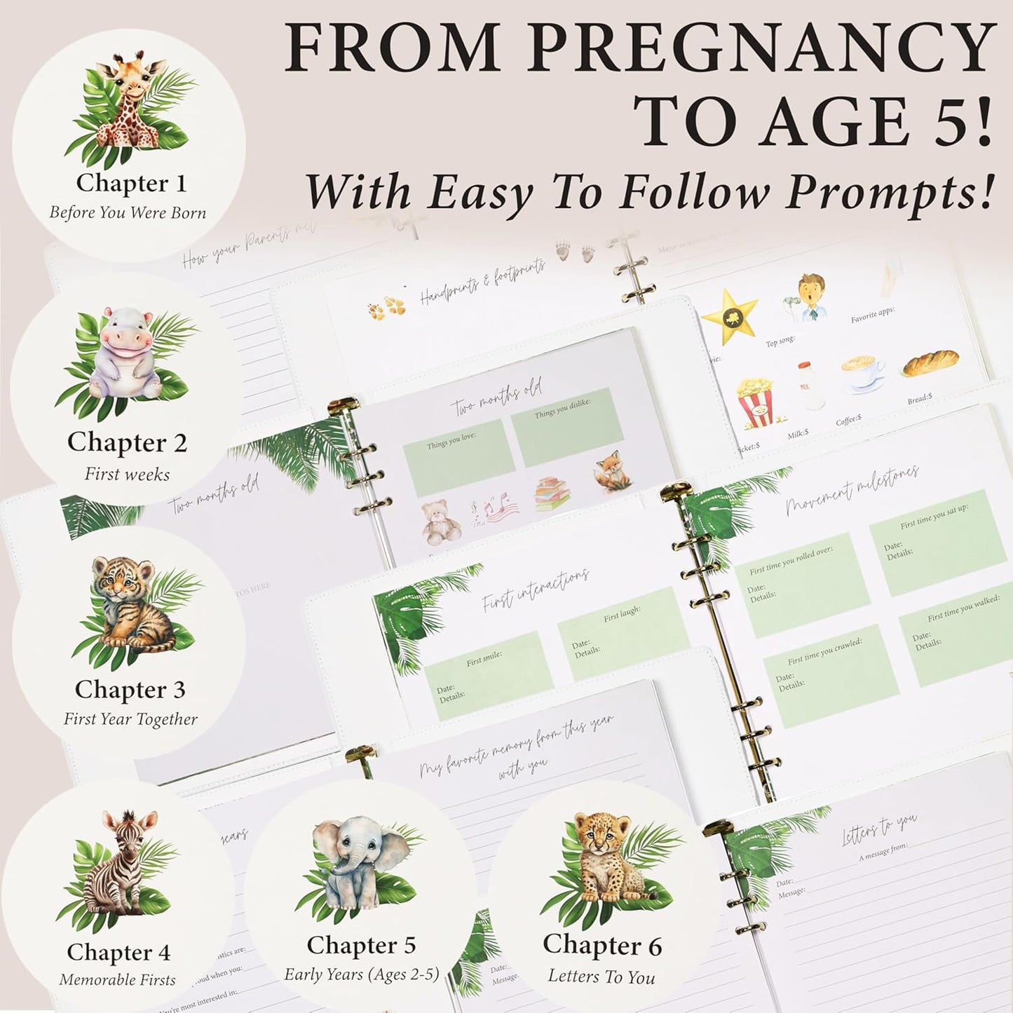 Baby Book Keepsake - Timeless Baby Memory Book for Boy or Girl I First 5 Year I Faux Leather, Gender Neutral, Safari Theme w/Gold Foil Stamp - Baby First Year Book Journal Scrapbook Photo Album Shower