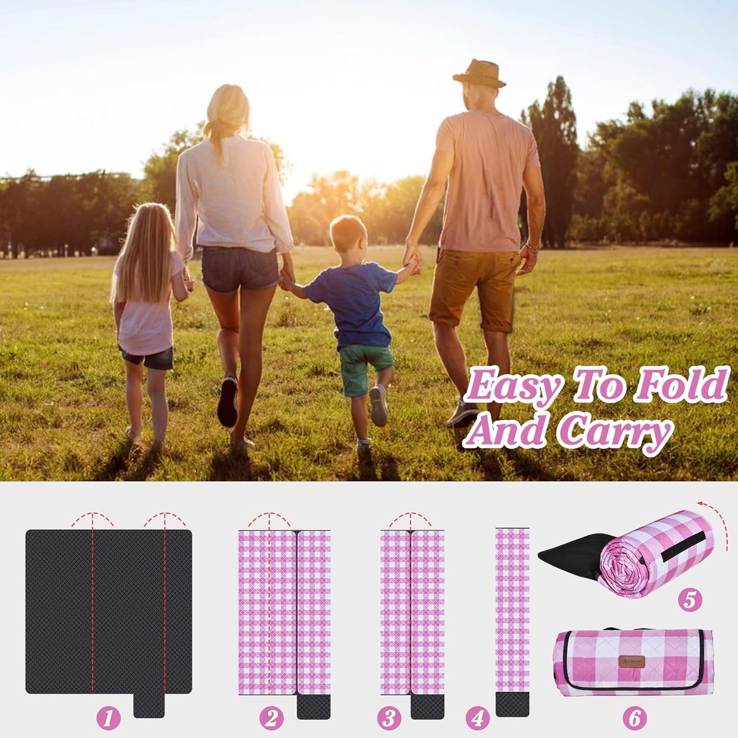 HX&OD Outdoor Picnic Blanket, Extra Large, 80''x60'' Waterproof Foldable Blankets Gingham Picnic Mat for Beach, Camping Grass Lawn Park Accessories Cute Couple Ideas Wedding (Pink, 80”x60”)