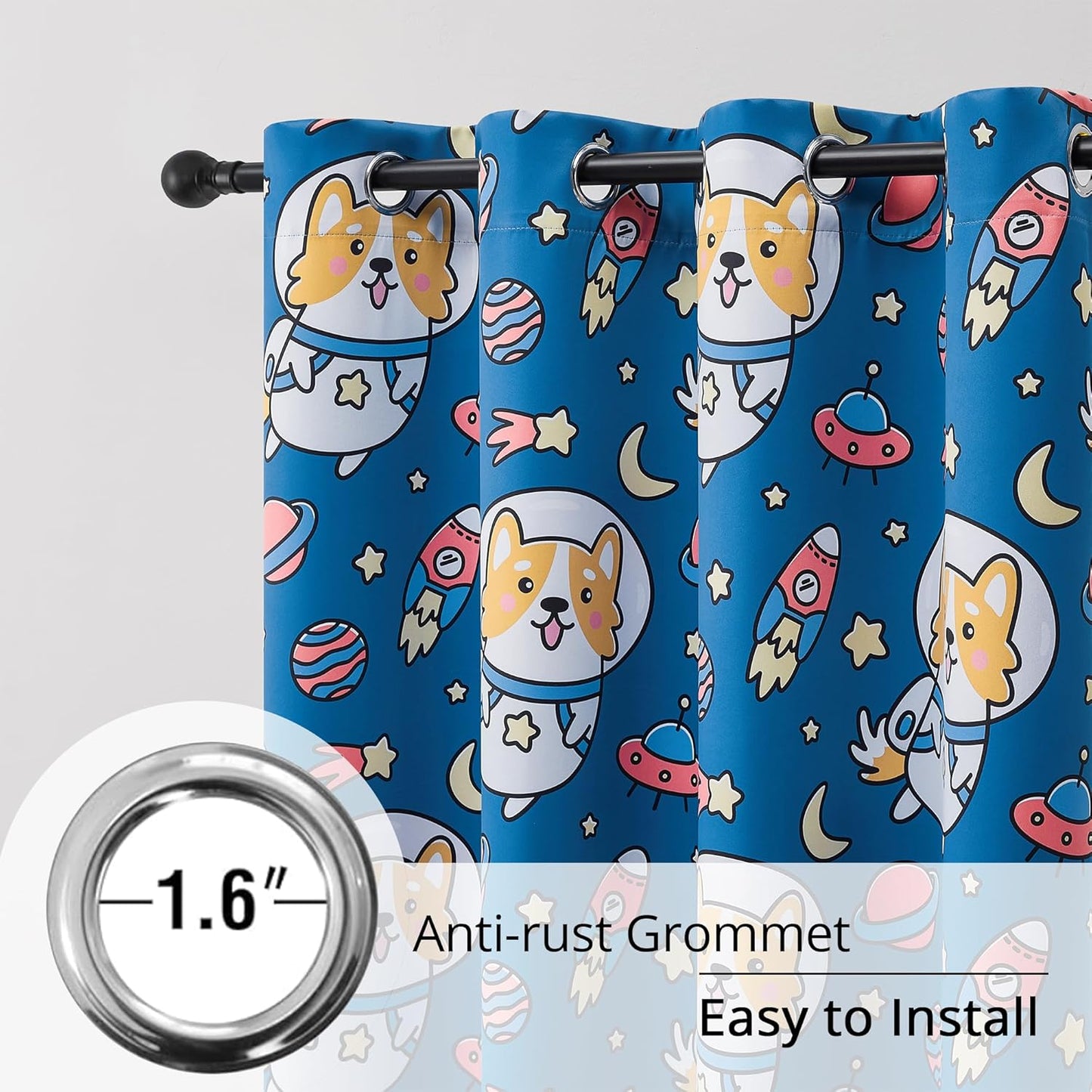 Kids Blackout Curtains - Space Dog Design, 100% Blackout, 2 Panels, Each W52×L84, Thermal Insulated, Noise Reducing & Energy Efficient for Kids Bedroom, Turn your child’s room into a fun adventure