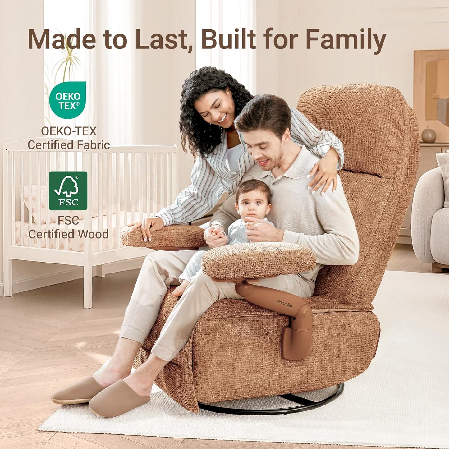 Nursery Swivel Glider Recliner Chair with Adjustable Armrests & Headrest, Rocking Chair Nursery with Removable Cover for Breastfeeding, FSC & Oeko-TEX Certified, Brown