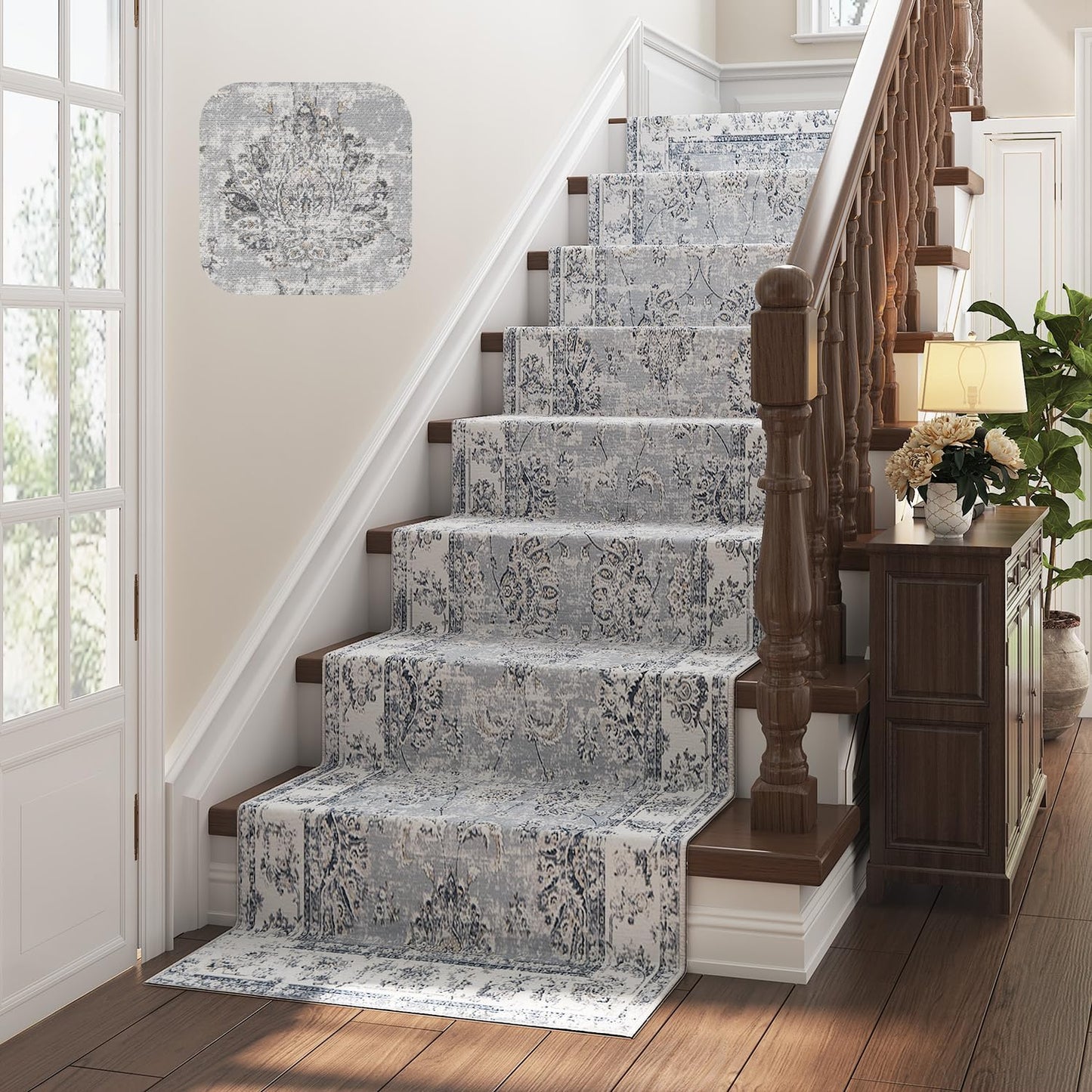 jinchan Hallway Runner Rug 3x8 Machine Washable Runner Rug Grey Vintage Floral Design Non-Slip Low Pile Ultra-Thin for Kitchen Laundry Room Bedroom Farmhouse (3‘x8',Grey)