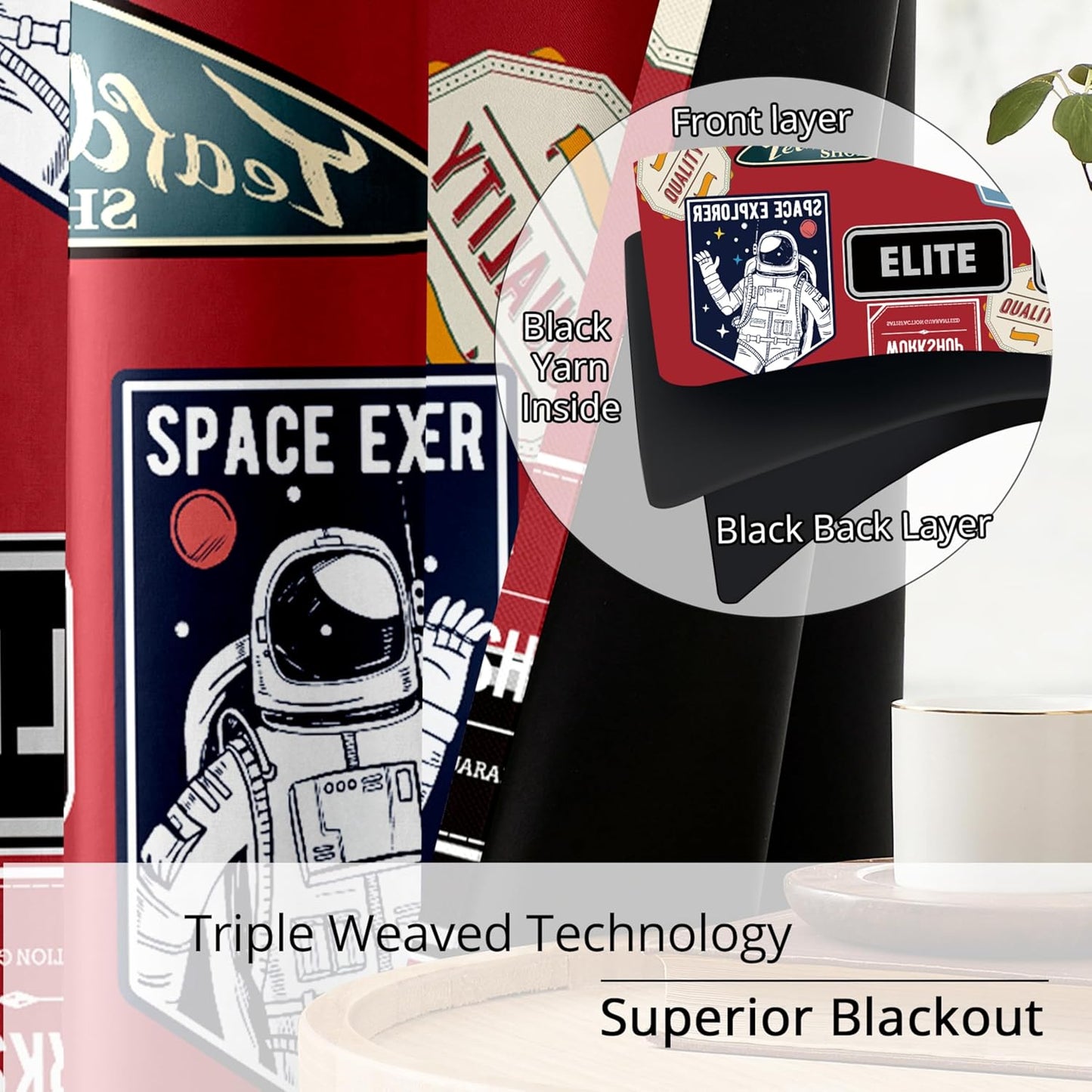 Kids Space Astronaut Blackout Curtains - 100% Blackout, Thermal Insulated, Noise Reducing, Perfect for Kids Room and Nersurys, 2 Panels (Space Badge Crew, W52×L63)