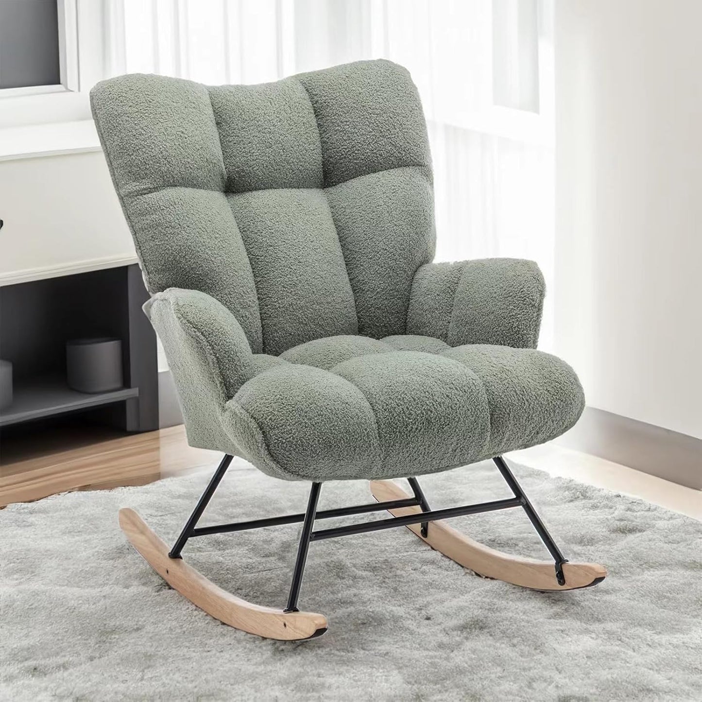 Rocking Chair Nursery Teddy Upholstered Glider Rocker Rocking Accent Chair Padded Seat with High Backrest Armchair Comfy Side Chair for Living Room Bedroom Offices (Green Teddy)