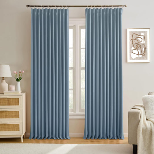 KEQIAOSUOCAI Pinch Pleated Blackout Curtain Drapes for Window 108" L - Triple Weave Energy Saving Thermal Room Divider Blackout Panels for Patio (72" Wide per Panel, 2 Panels, Dusty Blue)