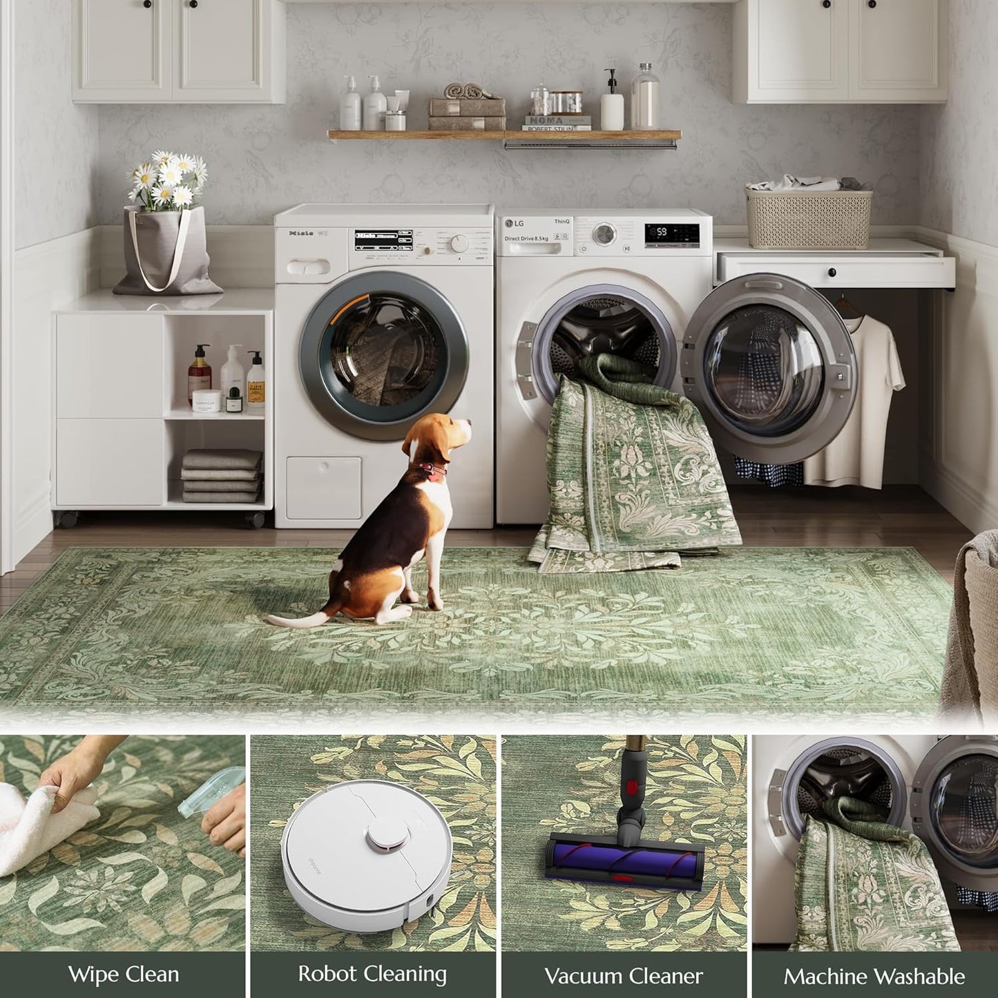 jinchan Vintage Floral Runner Rug 2x5 - Machine Washable Distressed Design Non-Slip Low-Pile Soft Thin Carpet for Hallway Kitchen Farmhouse Bedroom Entryway Laundry Room (2x5ft,Dark Green)