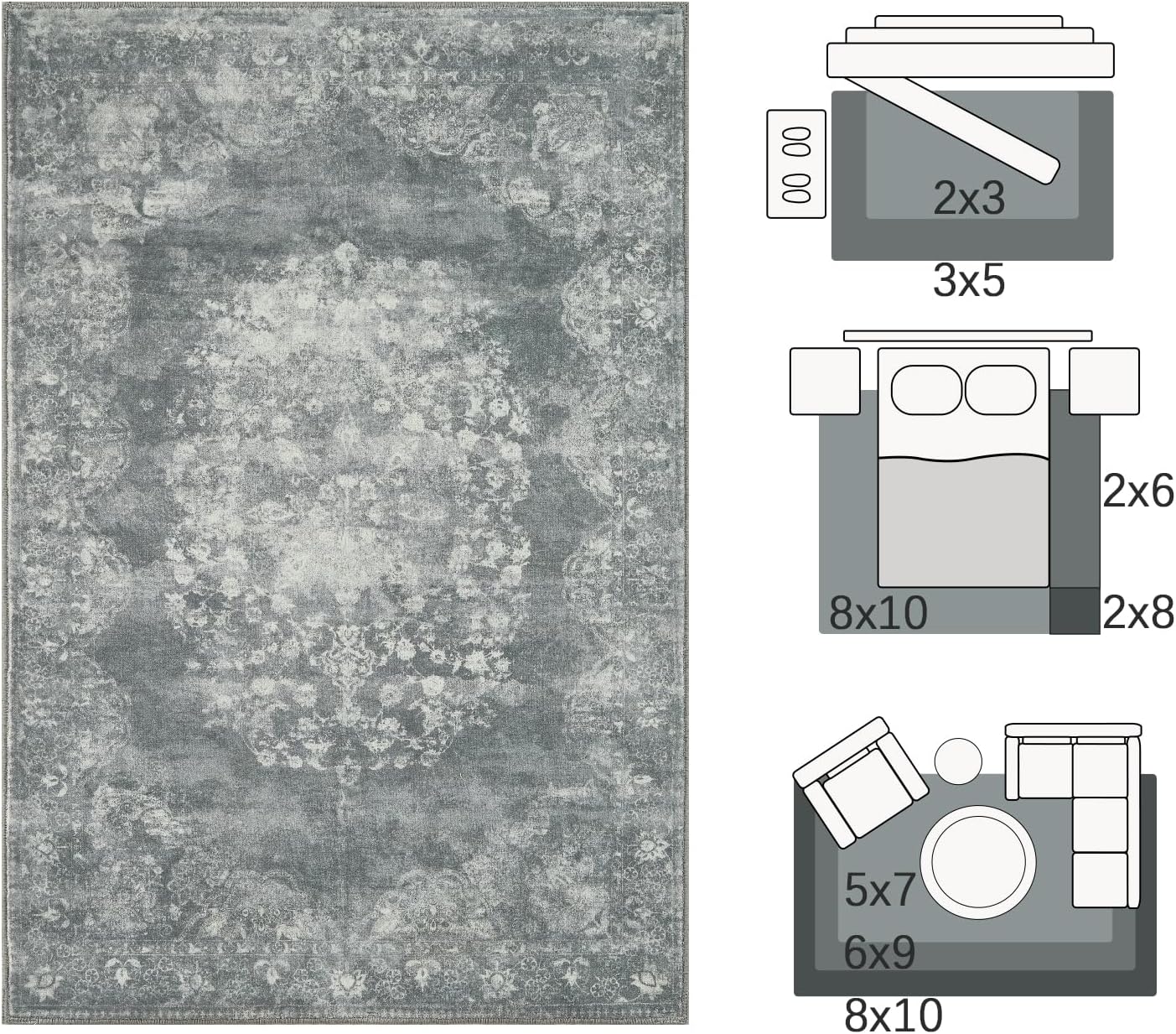 jinchan Vintage Floral 4x6 Area Rugs - Machine Washable Distressed Design Soft Ultra-Thin Low-Pile Non-Slip Carpet for Entryway Kitchen Bedroom Nursery Living Room Dining Room (4x6ft,Grey)