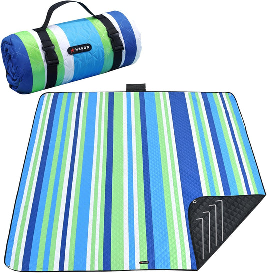 HX&OD Outdoor Picnic Blanket Extra Large, 80''*80'' Waterproof Picnic Mat with Stakes Foldable Camping Blanket Portable with Carry Strap for Beach Mat (Blue, 80''*80'')