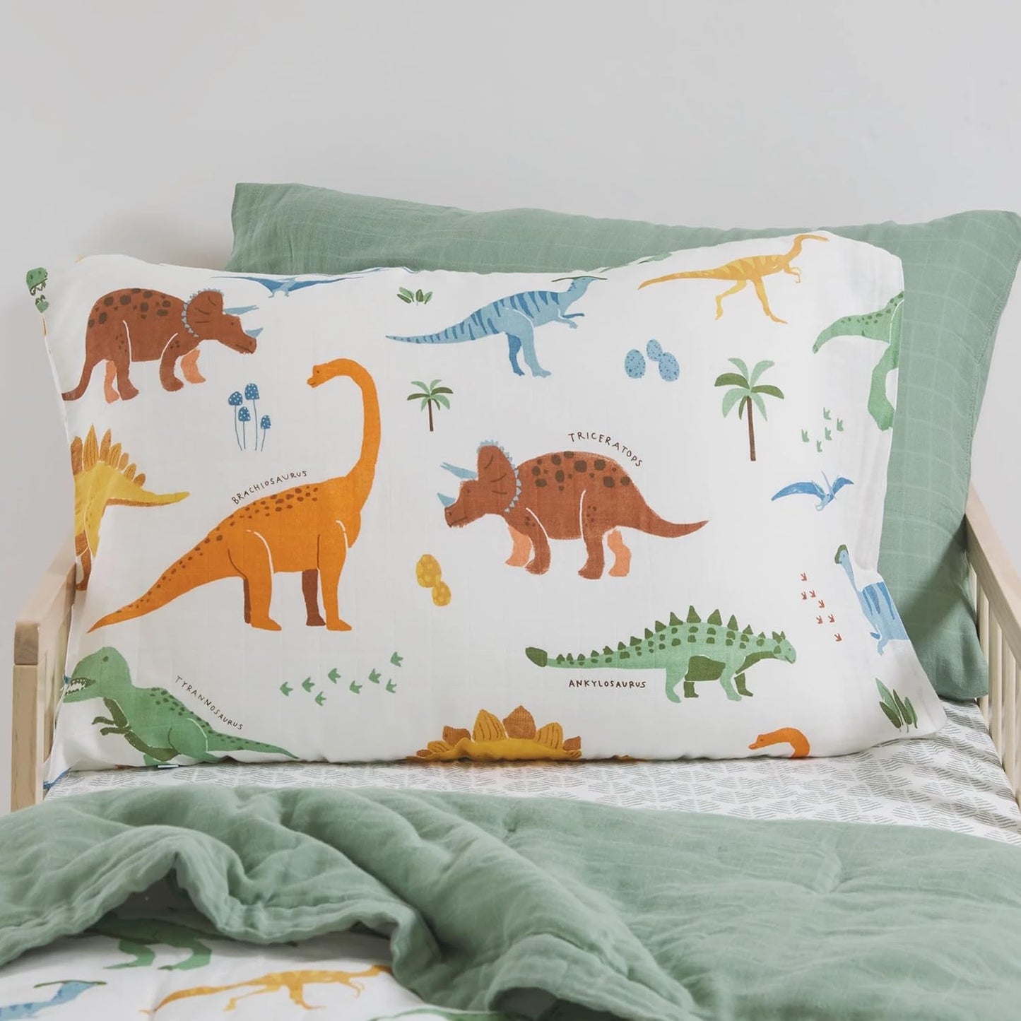 Little Unicorn Standard Pillowcase 2 Pack | Super Soft & Breathable Muslin Fabric | Snug Envelope Closure (Dino Names)