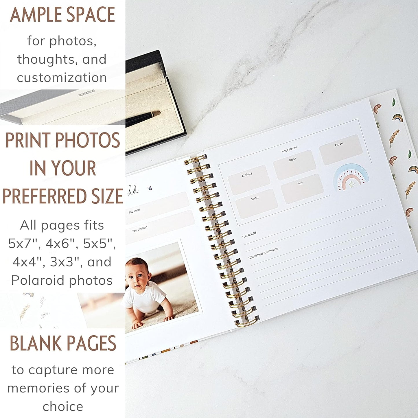 Baby Memory Book for Girl or Boy - First 5 Years Unisex Boho Rainbow Keepsake Journal to Record Newborn 1st Milestones - Gender Neutral Photo Album Scrapbook for Baby Shower - Pregnant New Mother Gift