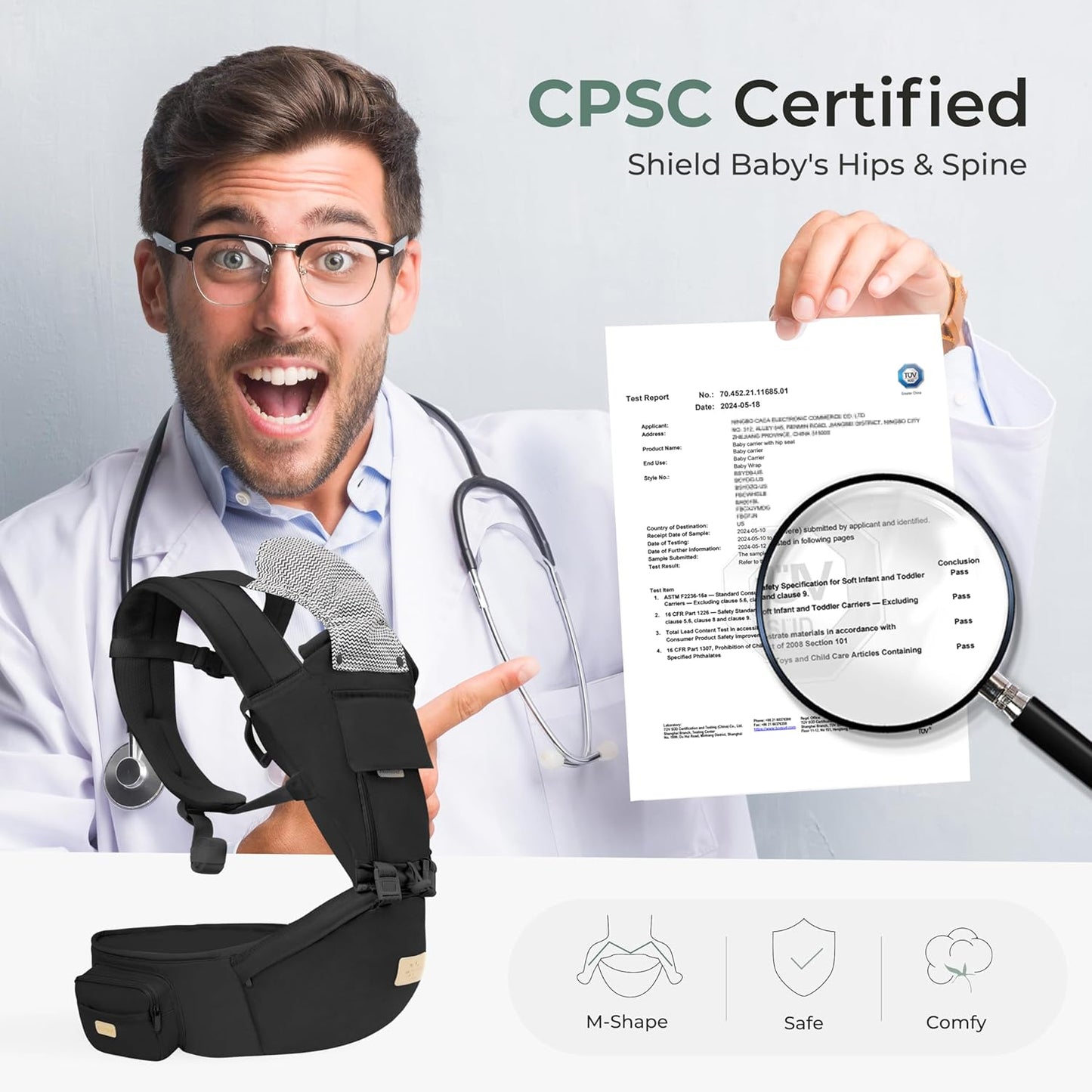 FRUITEAM 6-in-1 Baby Carrier with Waist Stool/Hip Seat for Breastfeeding, One Size Fits All - Adapt to Newborn, Infant & Toddler (Cool Black)