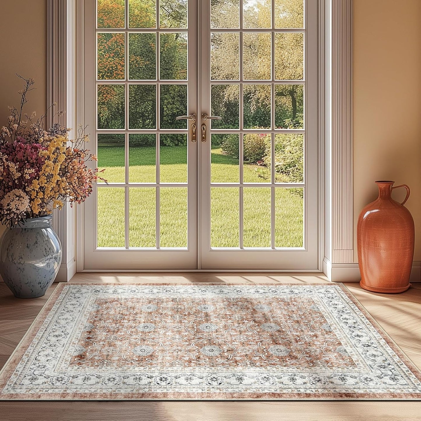 jinchan Washable Area Rug 3x5 Entryway Low Pile Boho Floral Print Rug Faux Wool Soft Indoor Doormat Stain Resistant Non-Slip Ultra-Thin Rug Kitchen Living Room Bedroom Dining Room Office Orange