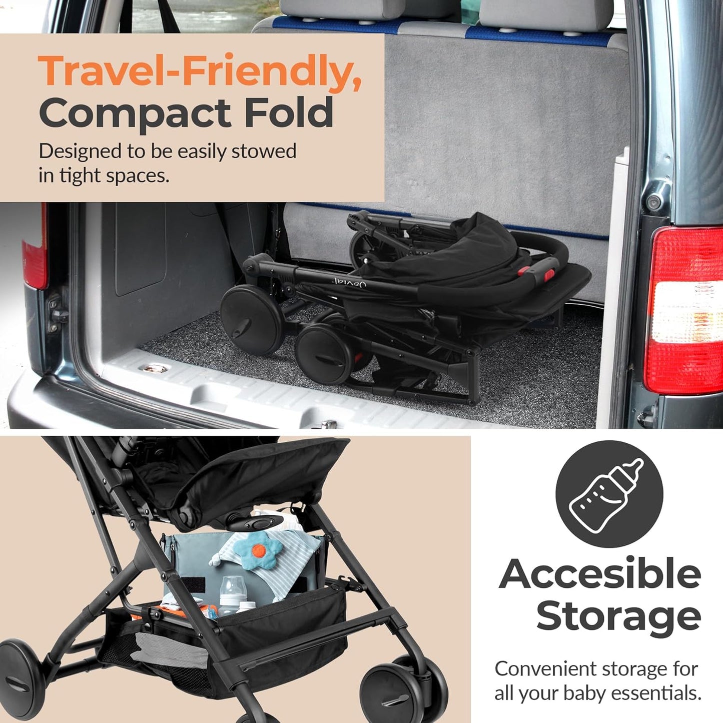 Jovial Lightweight Travel Baby Stroller - One-Hand Folding Compact Stroller with Multi-Position Reclining System - Retractable Sun Canopy, Extra-Large Storage Basket - Includes Airplane Storage Bag