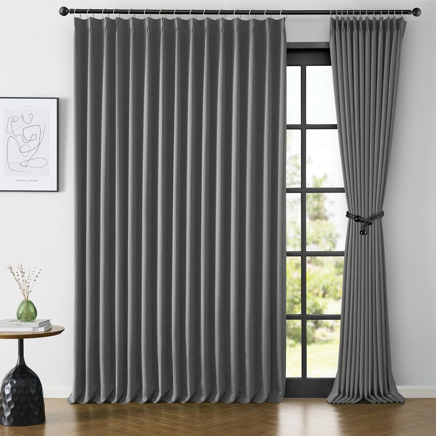 KEQIAOSUOCAI Extra Wide Blackout Curtains 90 Inches Long, Pinch Pleated Curtains for Sliding Door/French Door Room Divider Panels for Living Room 100 Inch Width 100x90 Grey