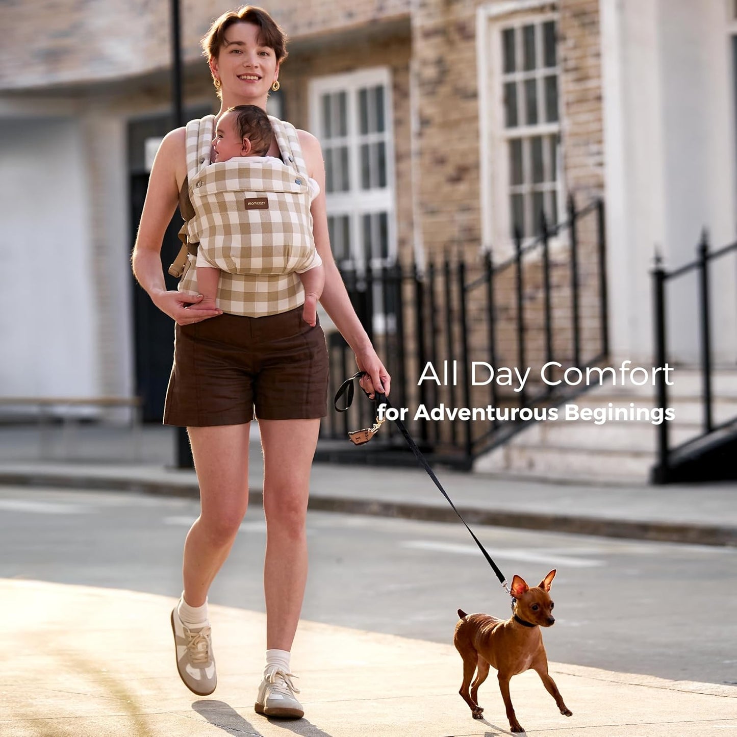 Momcozy Baby Carrier with Natural Cotton Linen, Built to Last, Ergonomic Design, Lightweight and Comfortable, Hands-Free for Moms&Dads, Brown Checkerboard