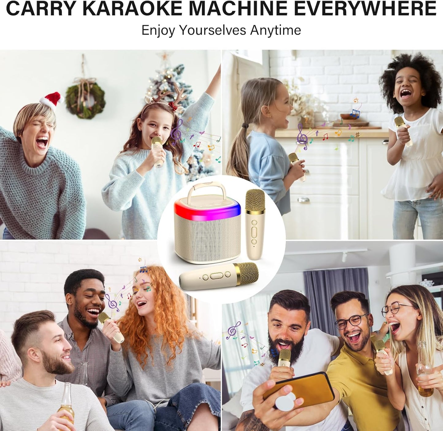 JYX Mini Karaoke Machine for Kids, Portable Bluetooth Karaoke Speaker Unpowered Cabinets with 2 Wireless Microphones and Party Lights for Adults, Birthday Gifts for Girls Boys Family Home Party(Beige)