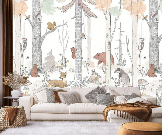Watercolor Birch Tree Forest Wallpaper Woodland Animal Wall Mural for Kids Bedroom Nursery Room Living Room(Not Self-Adhesive)