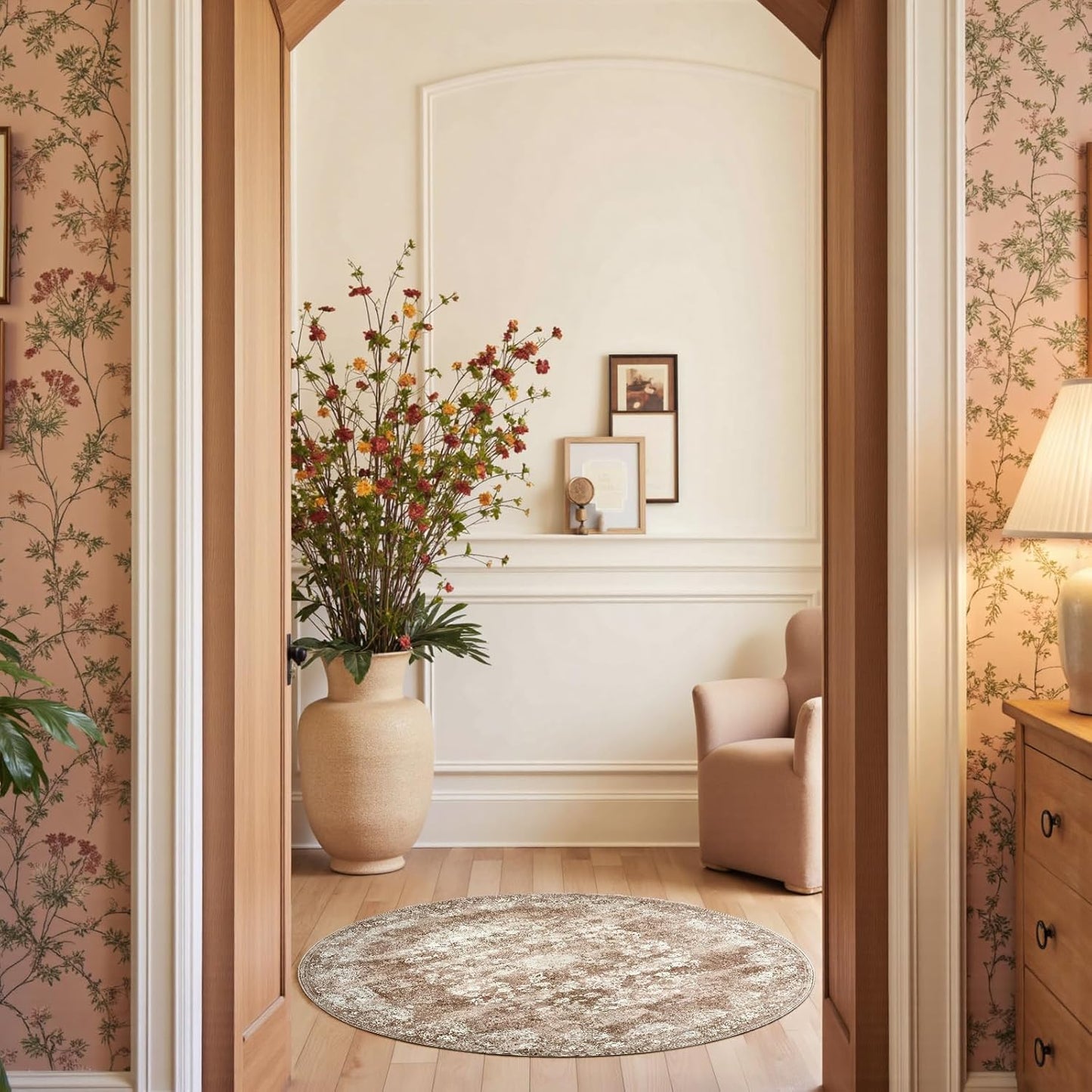 jinchan Round Rug 4ft Area Rug - Brown Vintage Floor Mat Kitchen Indoor - Washable Circle 4' Thin Floral Print Carpet Retro Farmhouse Non Slip Dining Room Living Room Bedroom Office