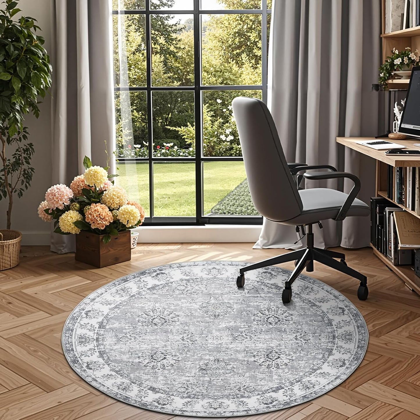 jinchan Round Rug 5ft Area Rug - Indoor Vintage Hallway Circle 5' Washable - Ultra-Thin Low Pile Soft Small Non Slip Distressed Floral Print for Living Room Dining Room Bedroom Entryway Grey