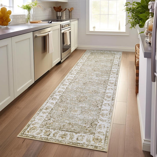 jinchan Hallway Runner Rug 3x7 Machine Washable Runner Rug Taupe Vintage Floral Design Non-Slip Low Pile Ultra-Thin for Kitchen Laundry Room Bedroom Farmhouse (3‘x7',Taupe)