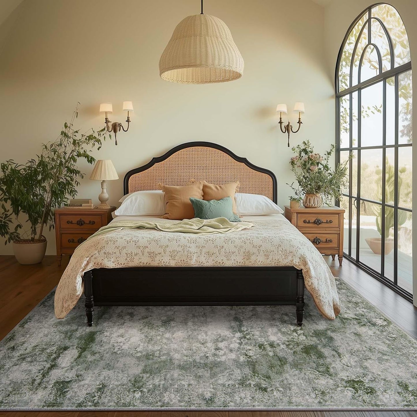 jinchan Washable Area Rug 8x10 for Living Room - Soft Faux Wool Ultra-Thin Stain Resistant Non-Slip Distressed Vintage Floral Large Carpet for Bedroom,Dining Room,Home Office,Nursery(Green, 8'x10')