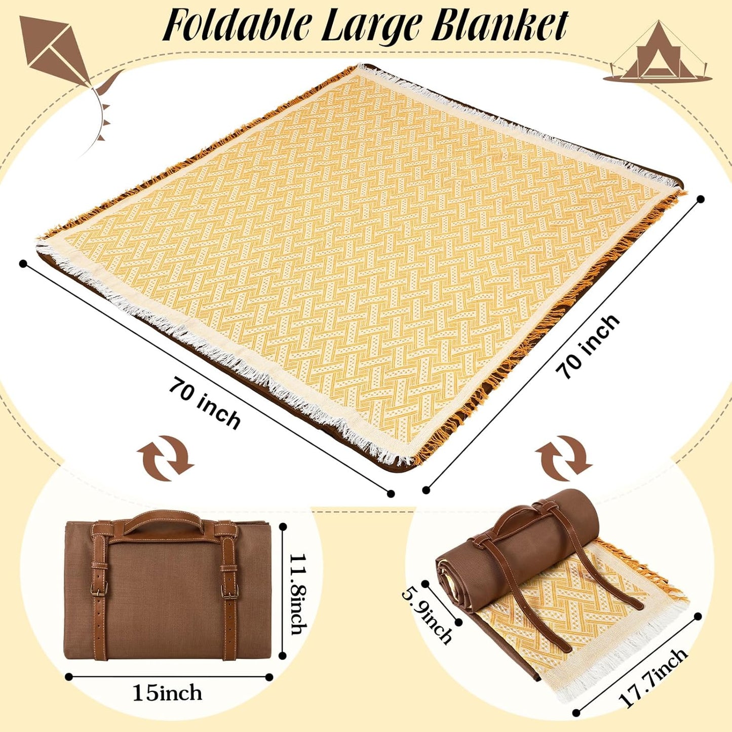 Waterproof Picnic Blankets Outdoor Blanket Foldable 2 in 1 Double Layer Sandproof Beach Mat with Carry Strap for Camping Lawn Park Beach Grass (Yellow White)