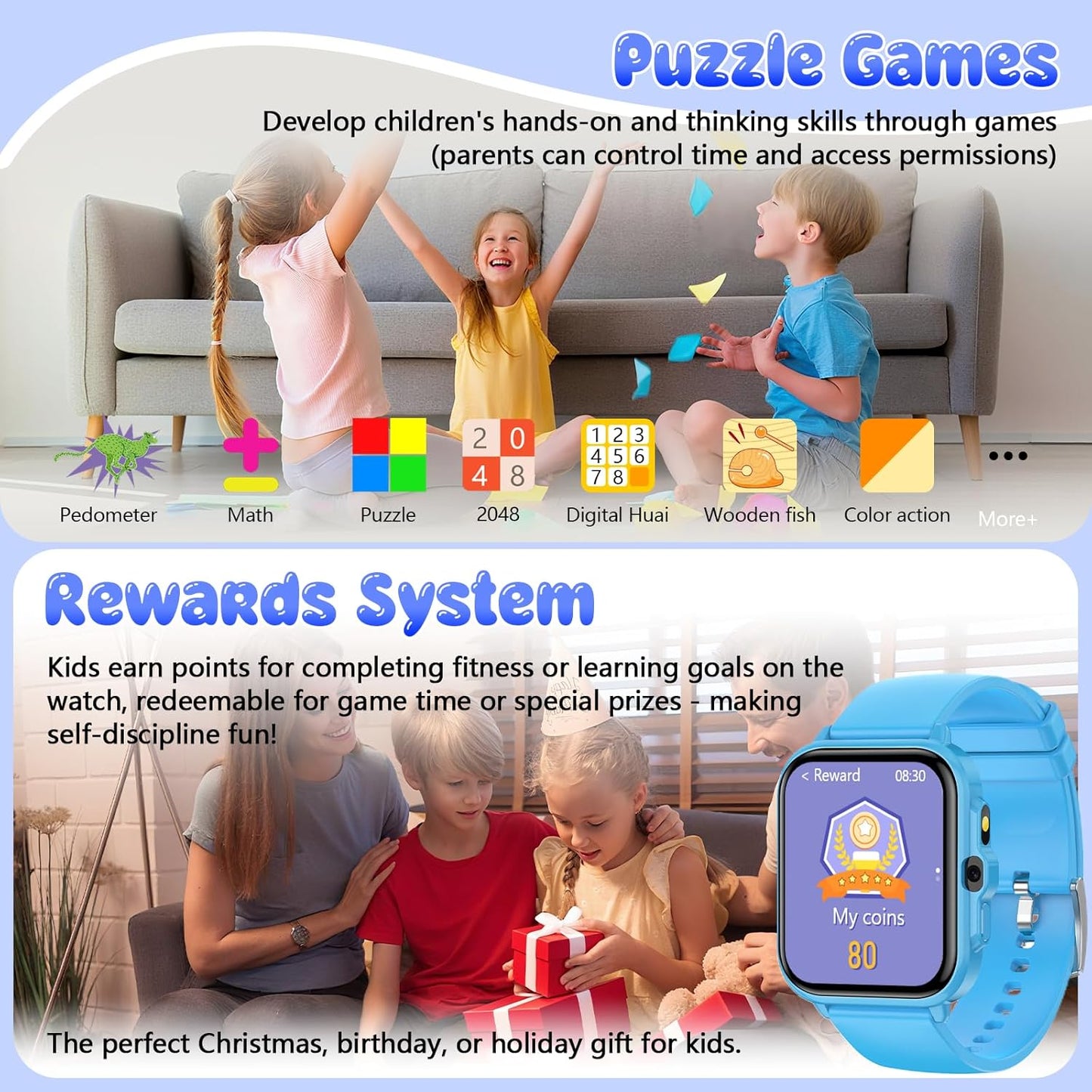 Smart Watch for Kids, 1.85" Fitness Tracker Pedometer Watch, Health, Sleep Monitor, Puzzle Games, Alarm Clock, Camera, Music Player, Torchlight, Activity, Gift Toys for 4 - 13 Years Old Boys and Girls