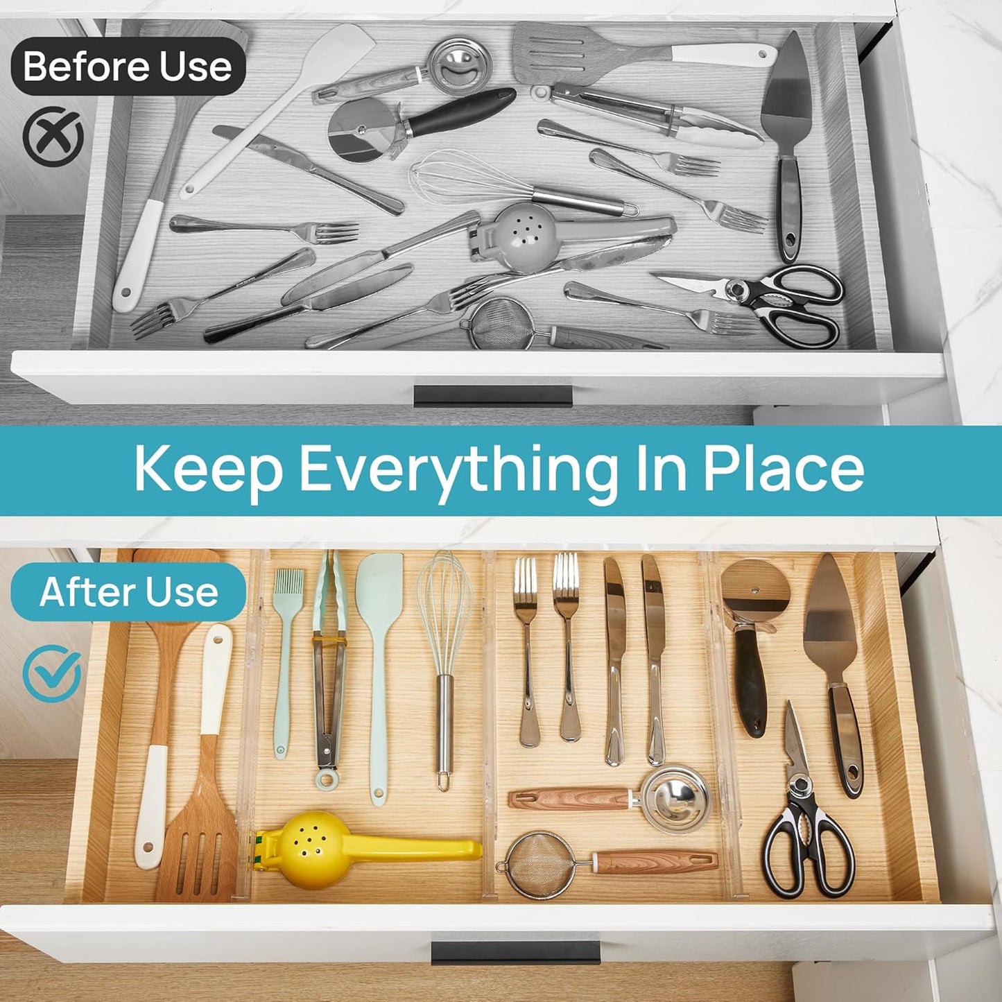 Vtopmart 8 Pack Shallow Drawer Dividers, 2.36" High 12.67"-21.14" Adjustable Expandable Kitchen Drawer Organizer, Clear Plastic Organizer Separators for Flatware, Utensil, Cutlery, Underwear, Clothes