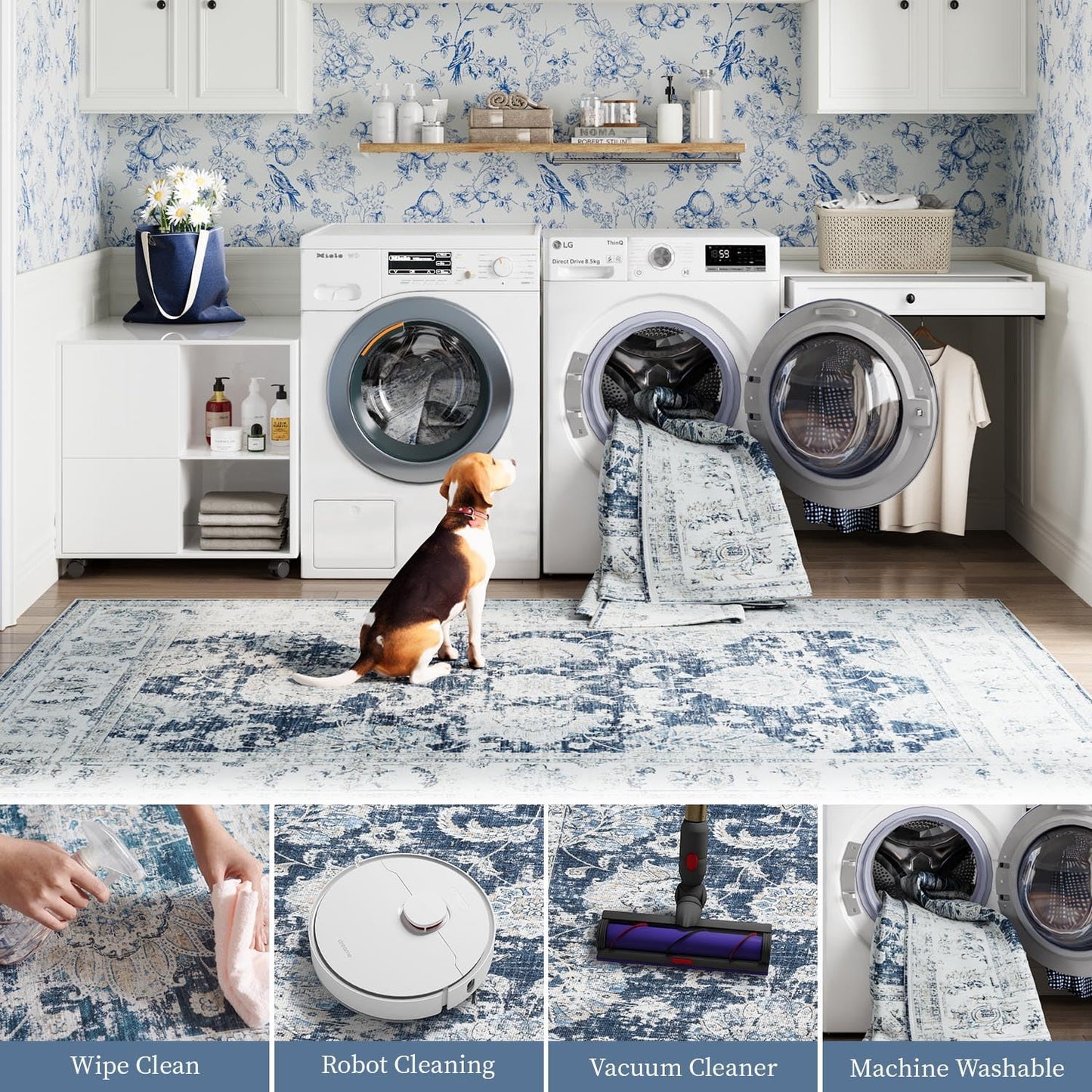 jinchan Floral 3x5 Area Rugs for Entryway - Machine Washable Taupe Vintage Distressed Design Doormat Non-Slip Ultra-Thin Low Pile Boho Rug for Kitchen Living Room Bedroom Farmhouse (3‘x5',Dark Blue)