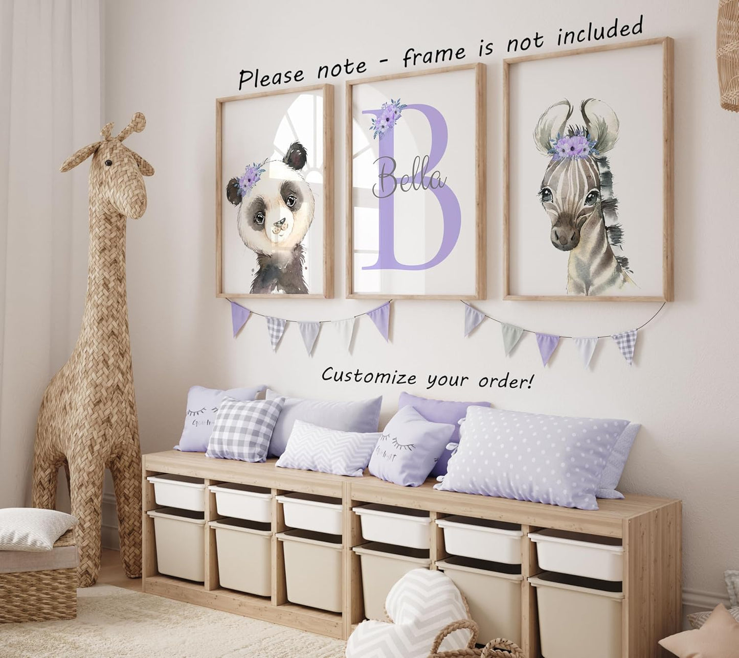 Personalized Safari Animals for Baby Girls Nursery, Set of 3 Unframed Poster Prints, Personalized Name Pink Lilac Floral, Girls Bedroom Decor, Elephant Giraffe (8x10)