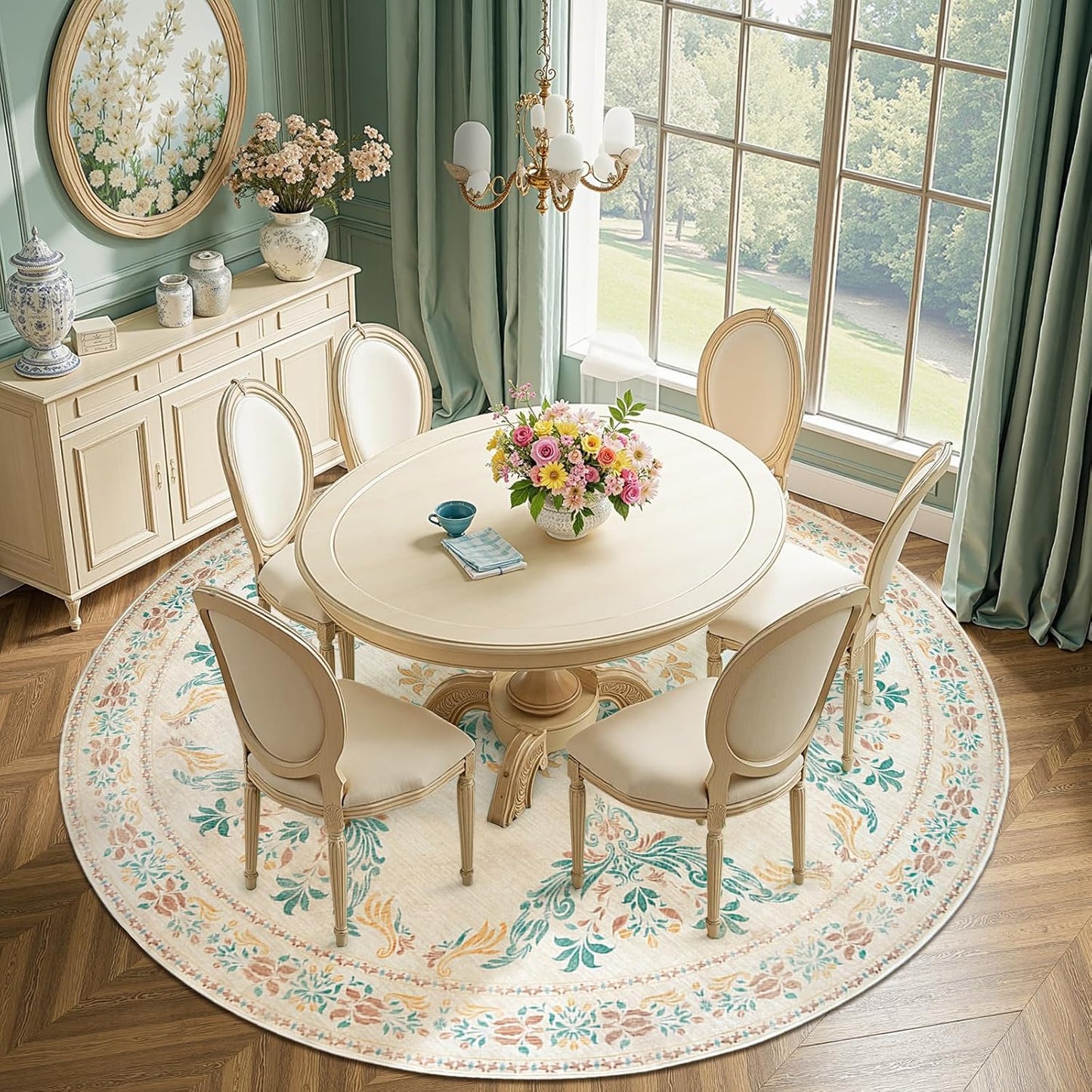 jinchan Round Rug 8ft Area Rugs,Vintage Floral Distressed Design Machine Washable Soft Non-Slip Low-Pile Ultra-Thin Circle Rug for Living Room Dining Room Bedroom Home Office (8' Round,Apricot Multi)