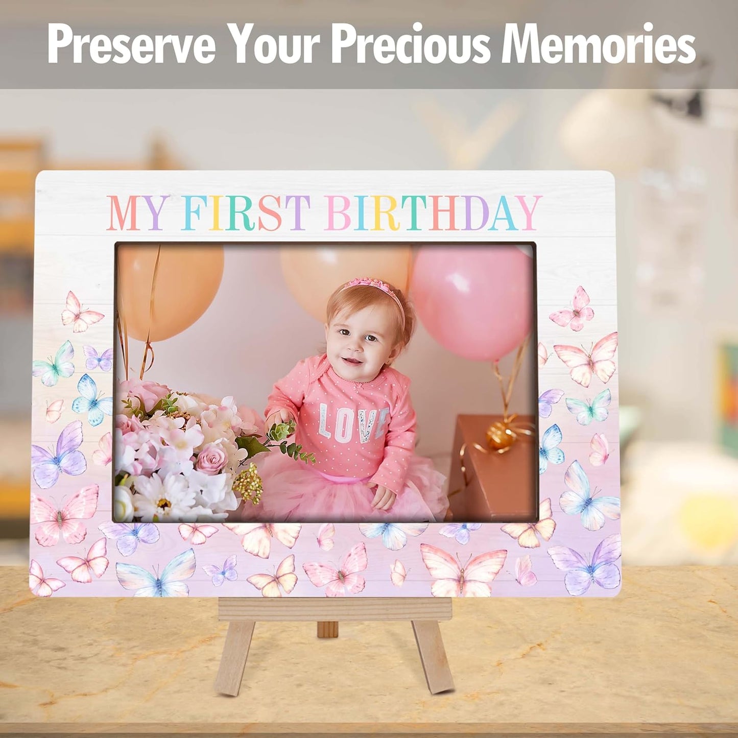My 1st Birthday Picture Frames, Rainbow Butterfly Wooden 4x6 Photo Frame with Easel, Baby First Year Birthday Gifts for Home Office Tabletop Display Decorations - G06