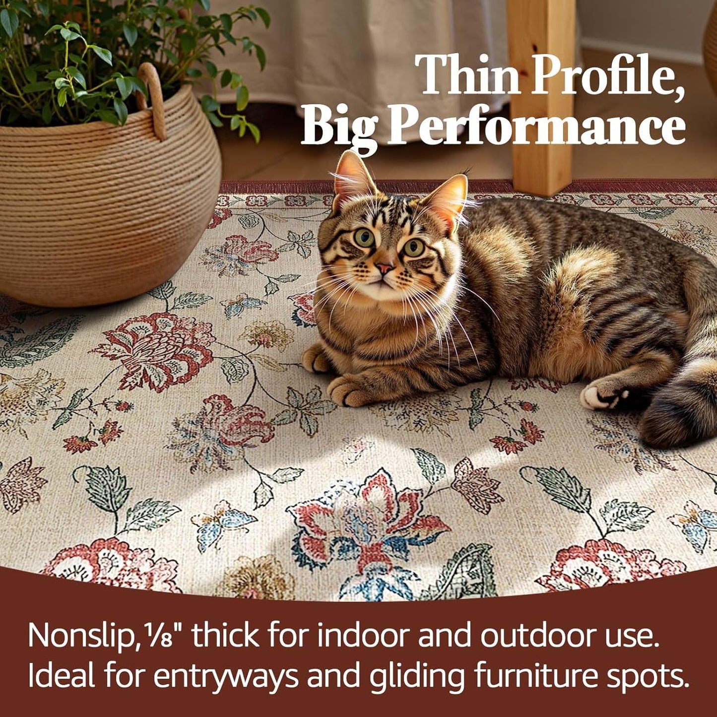 jinchan 3x8 Floral Runner Rug for Hallway Washable Kitchen Runner Vintage Romance Design Non Slip Thin Indoor Floor Cover Low-Profile Throw Carpet for Entryway Bathroom Bedroom Porch, Red/Beige