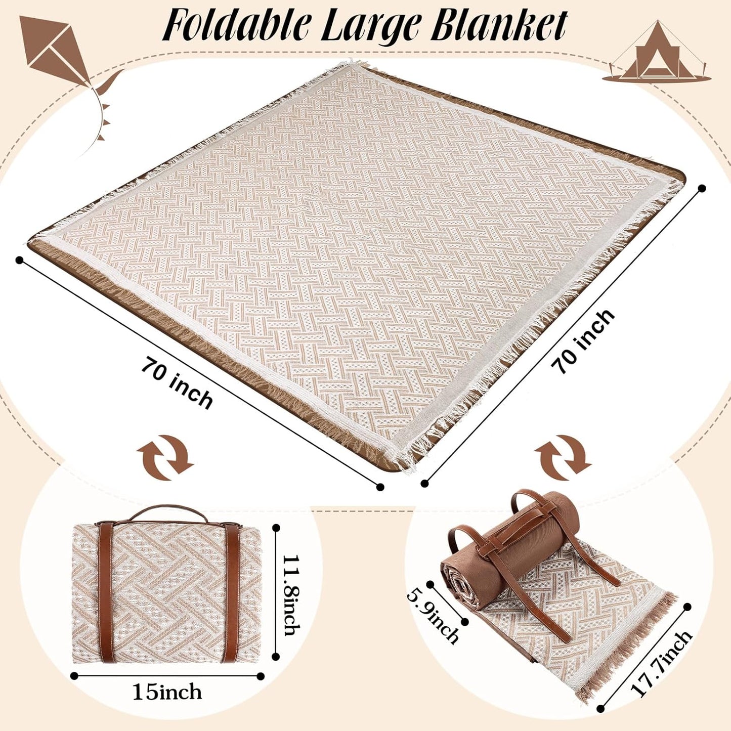 Waterproof Picnic Blankets Outdoor Blanket Foldable 2 in 1 Double Layer Sandproof Beach Mat with Carry Strap for Camping Lawn Park Beach Grass(Khaki)