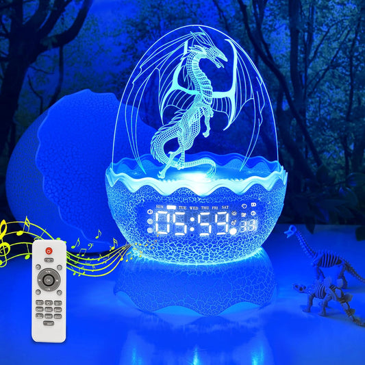 Unique Dragon Egg Digital Clock Ok to Wake Up Alarm Clock with Night Light / Lullaby White Noise / Bluetooth Speaker, Remote Control 16 Colors & Brightness & Volume, Cool Dragon Gift for Kids/Adult