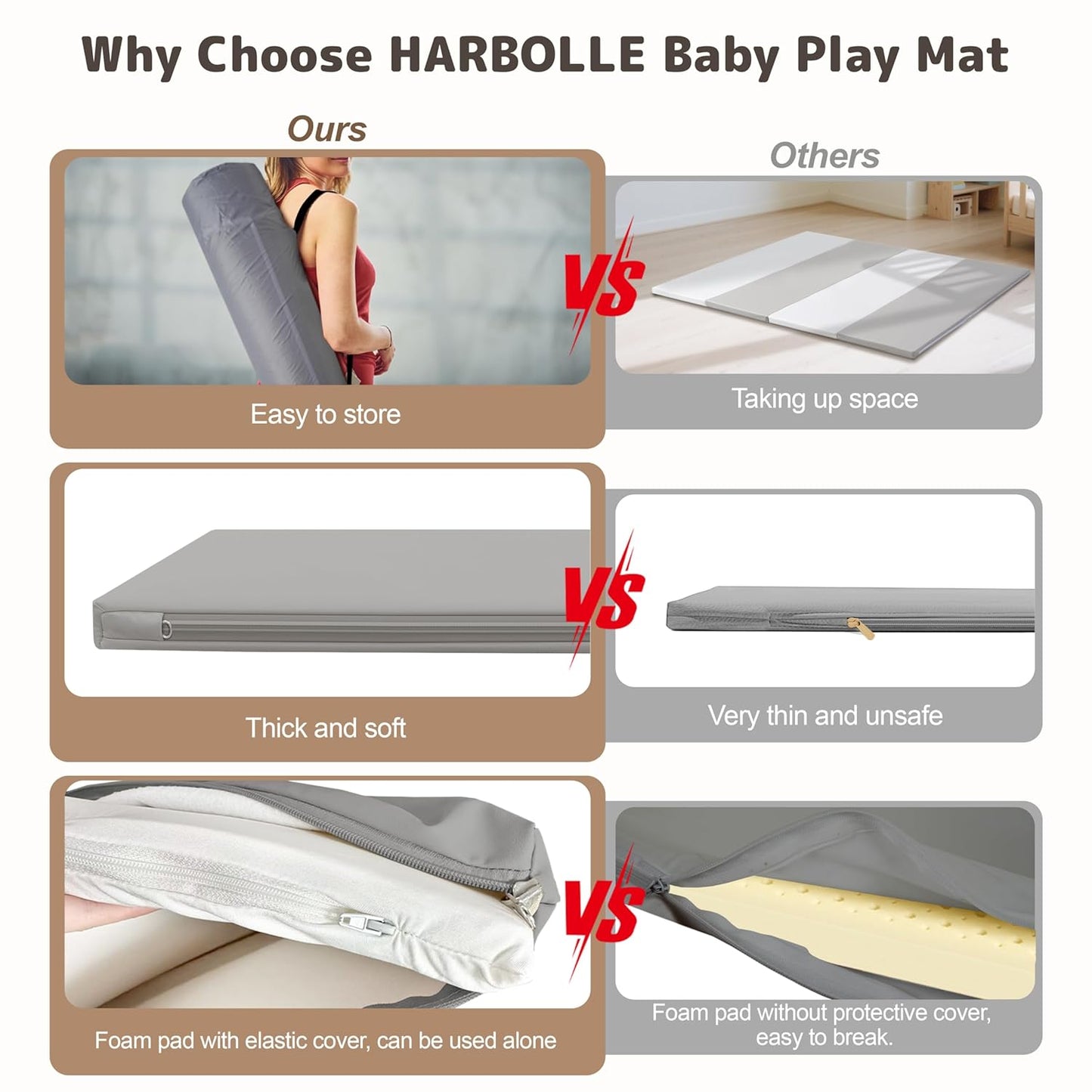 Baby Play Mat 47x47 Inches, Extra Thick 1.2" Foam Floor Mat for Tummy Time & Crawling, Waterproof Non-Slip Faux Leather Playpen Mat for Infants Toddlers, Indoor Outdoor Gym Activity, Gray