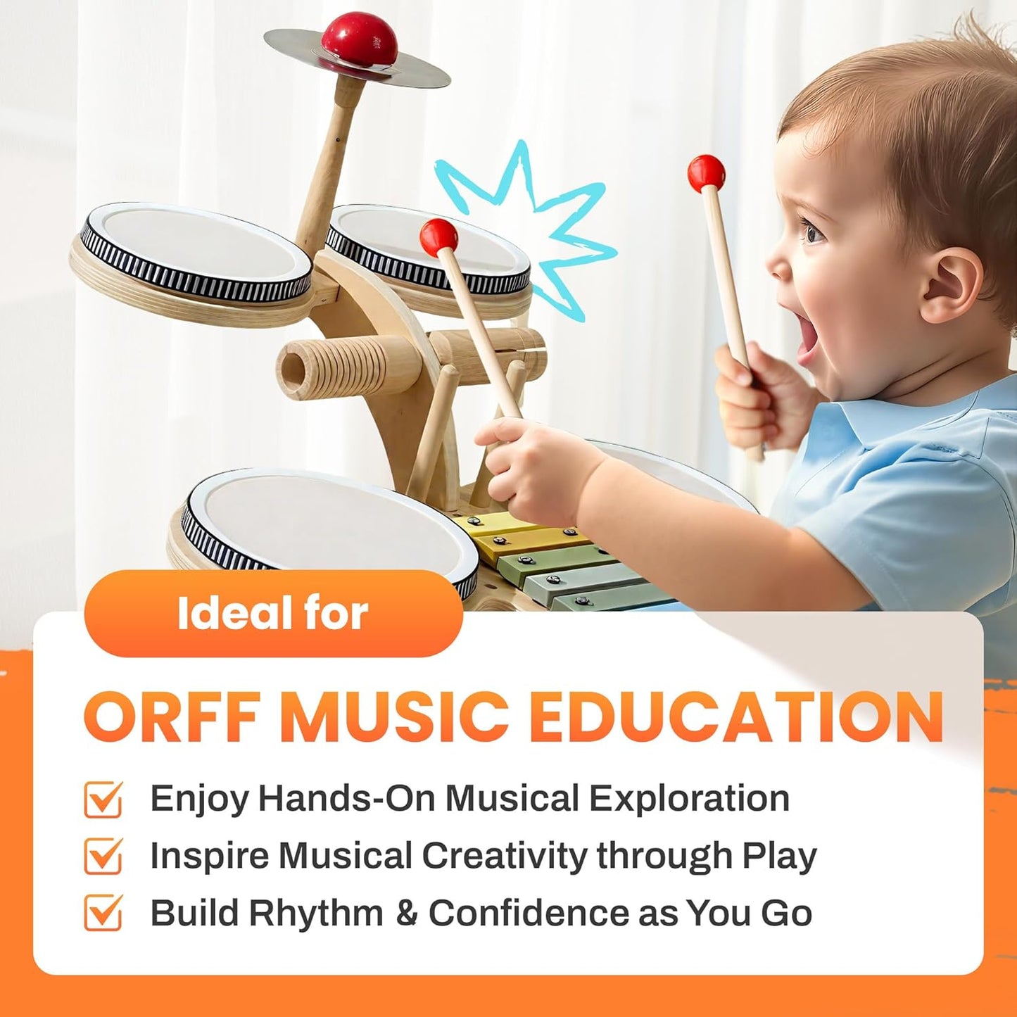 iPlay, iLearn Toddler Wooden Drum Set, Kids Musical Instruments Toy, 8 in 1 Percussion Drum Kit W/Xylophone Cymbal, Baby Montessori Learning Birthday Gifts for 18 Month, 2 3 4 5 6 Year Old Boy Girl