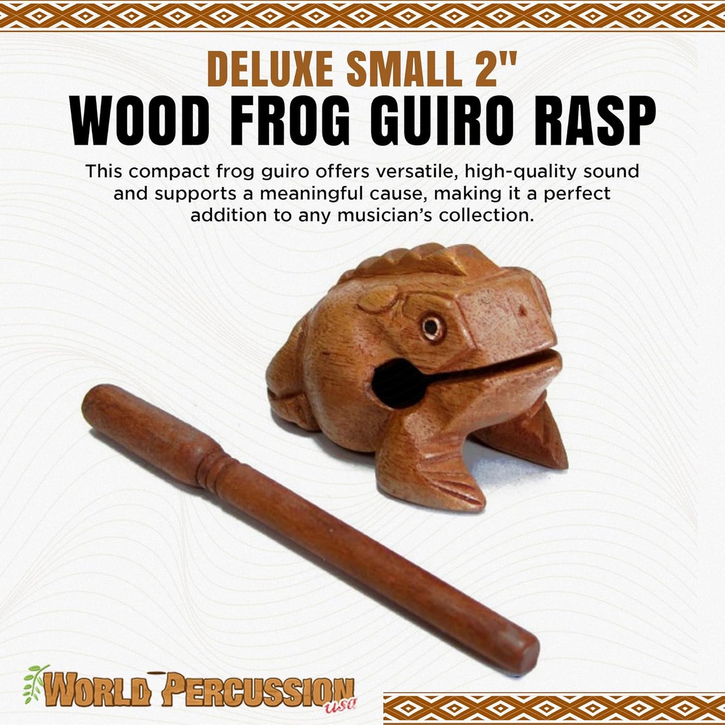 Deluxe Small 2" Wood Frog Guiro Rasp - Percussion Musical Instrument Tone Block - Wooden Instrument with Stick, Noise Maker by World Percussion USA